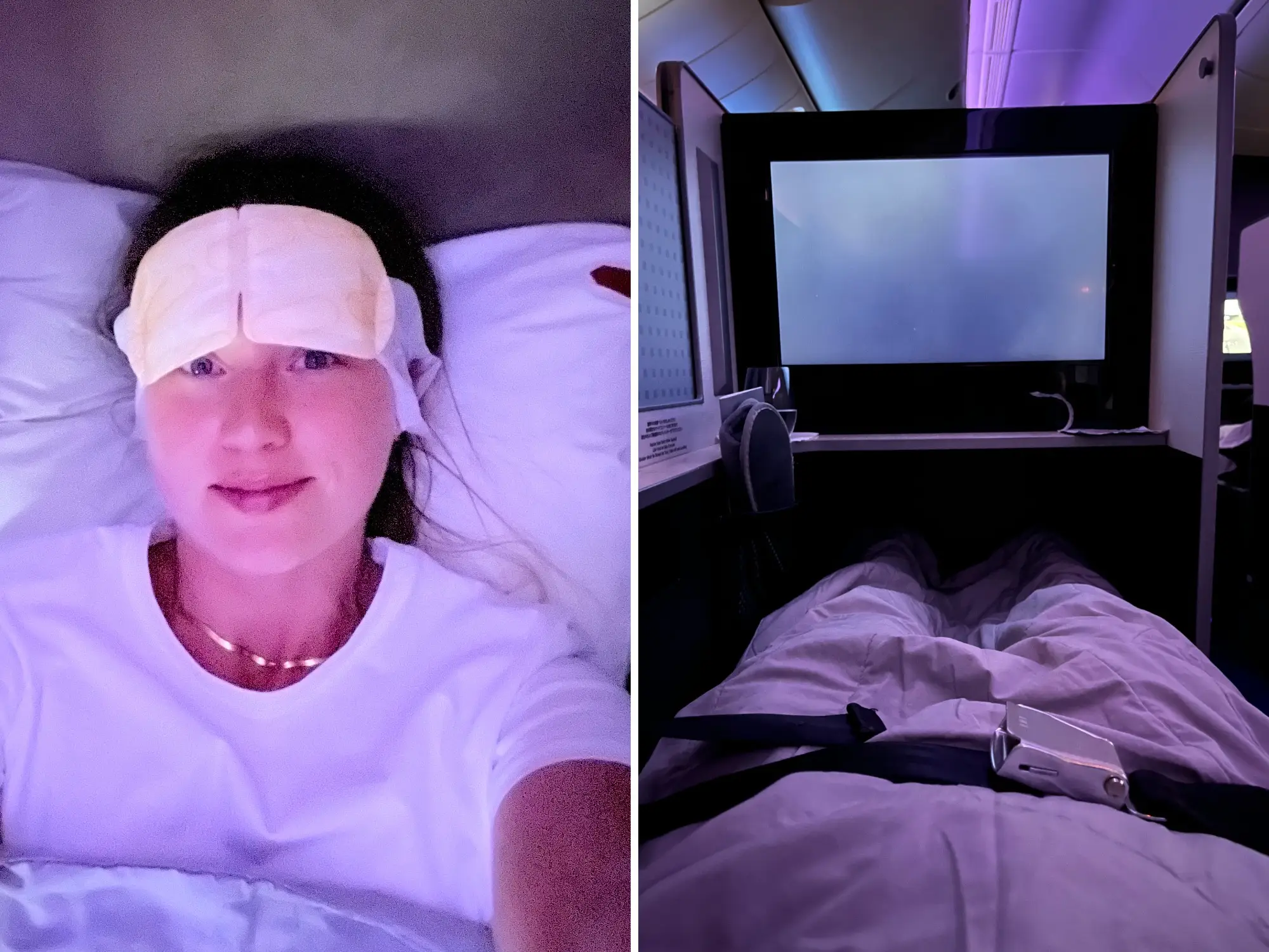 Composite of woman with eye mask in business class seat next to view of her legs buckled in on lie-flat Japan Air business-class seat