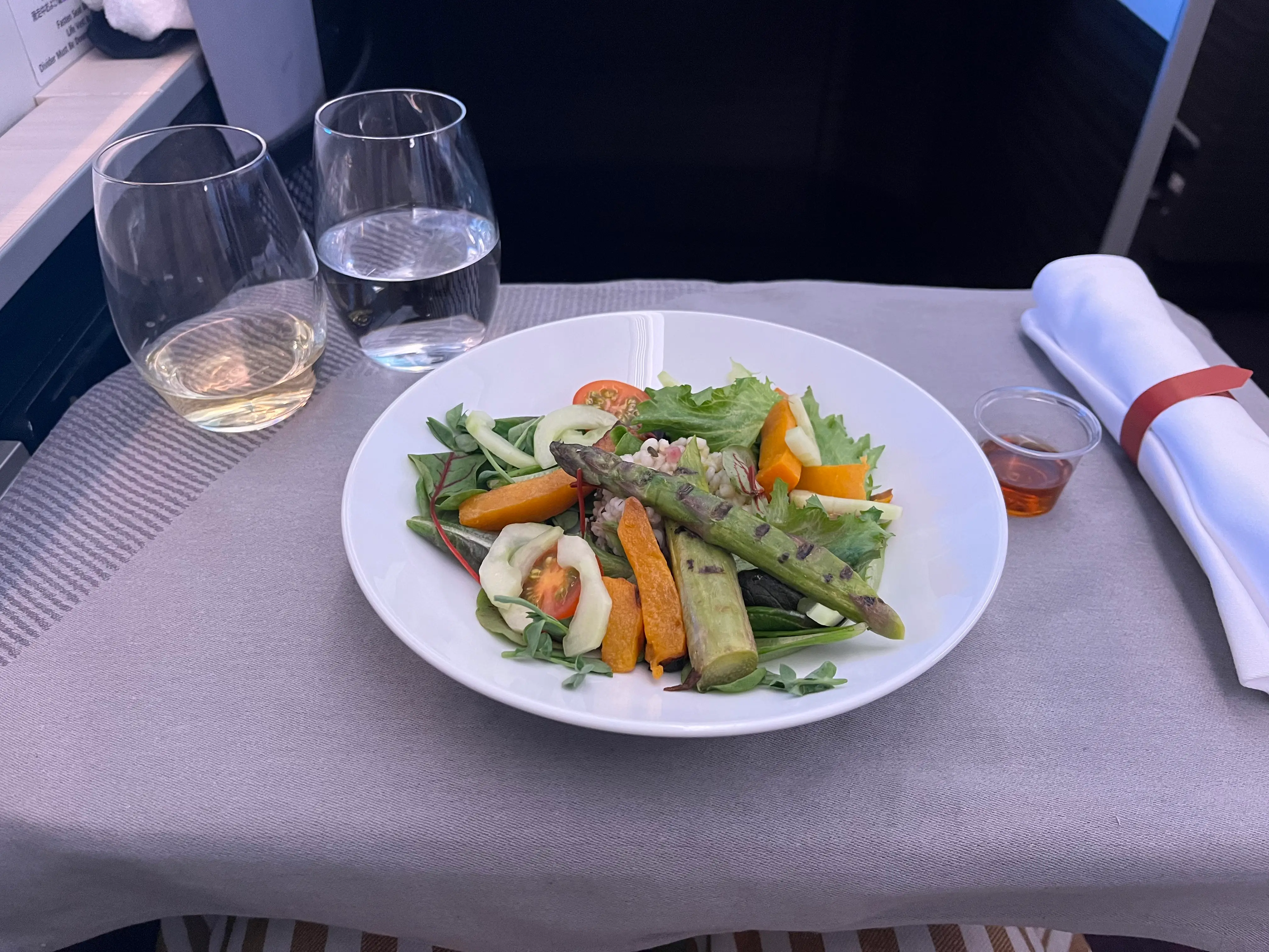 Salad on gray tablecloth on Japan Air flight table tray in business class