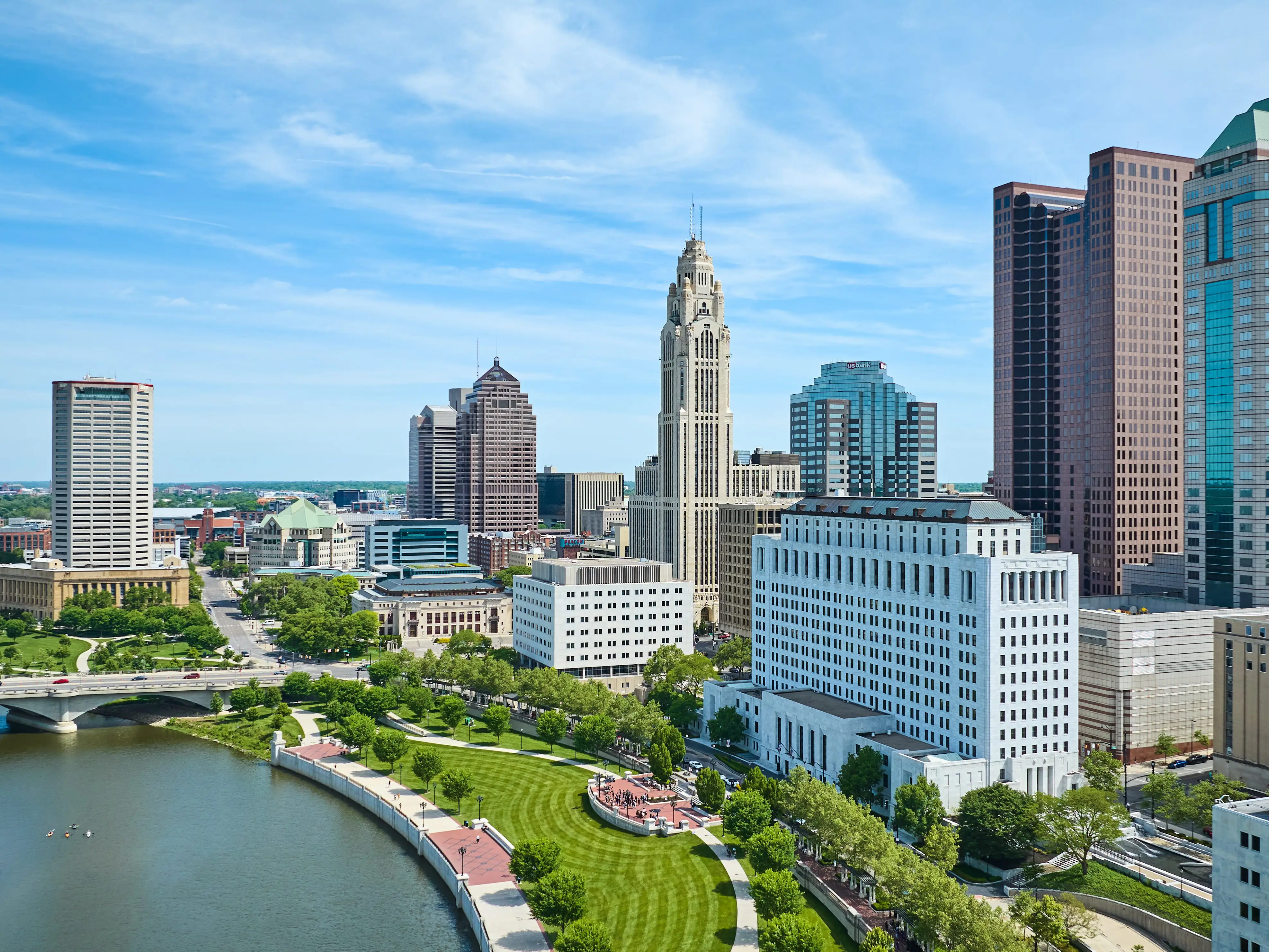 Image of Columbus Ohio downtown aerial with major skyscraper buildings Scioto River and bridge