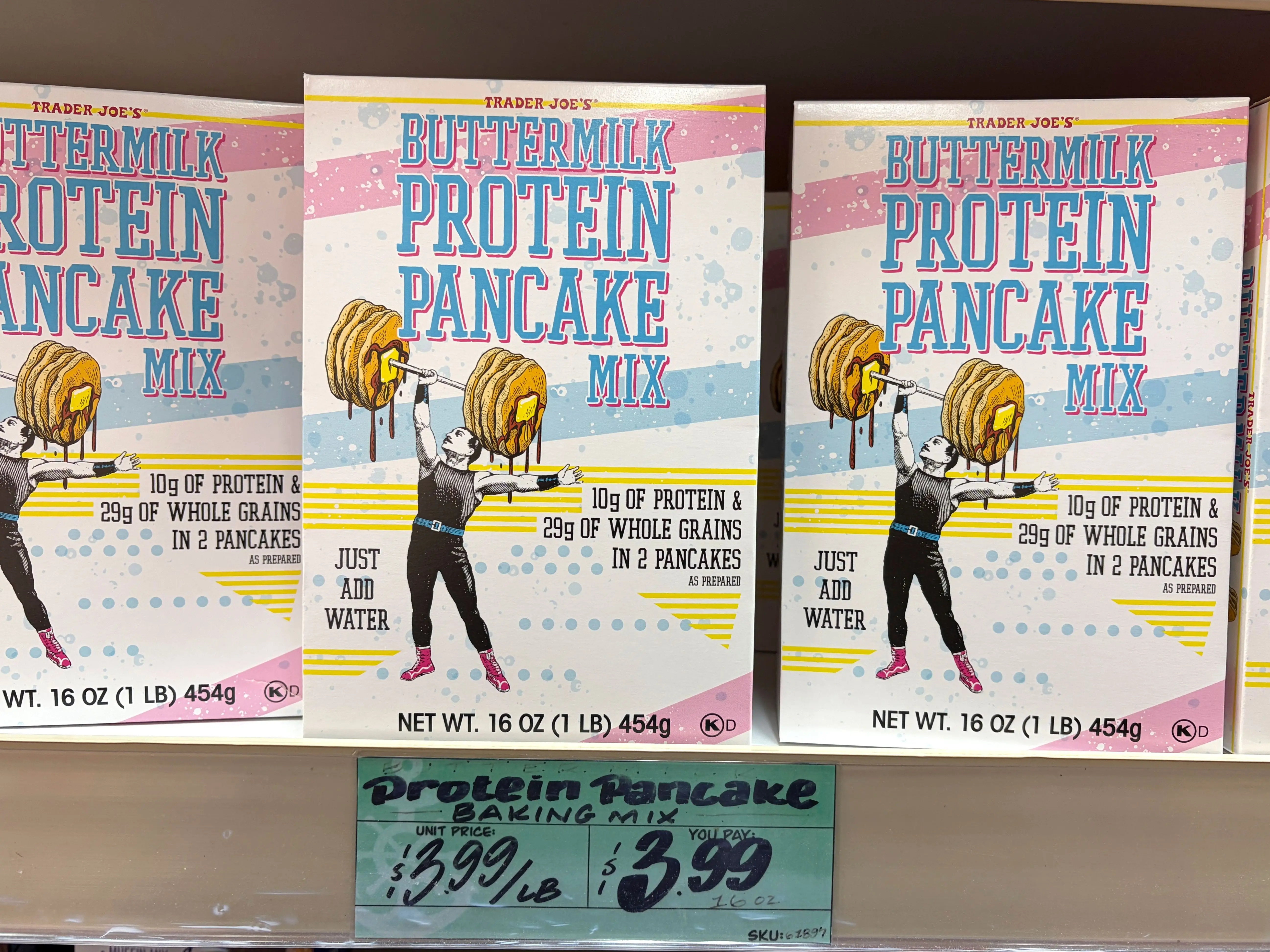 Boxes of Trader Joe's buttermilk protein pancake mix.