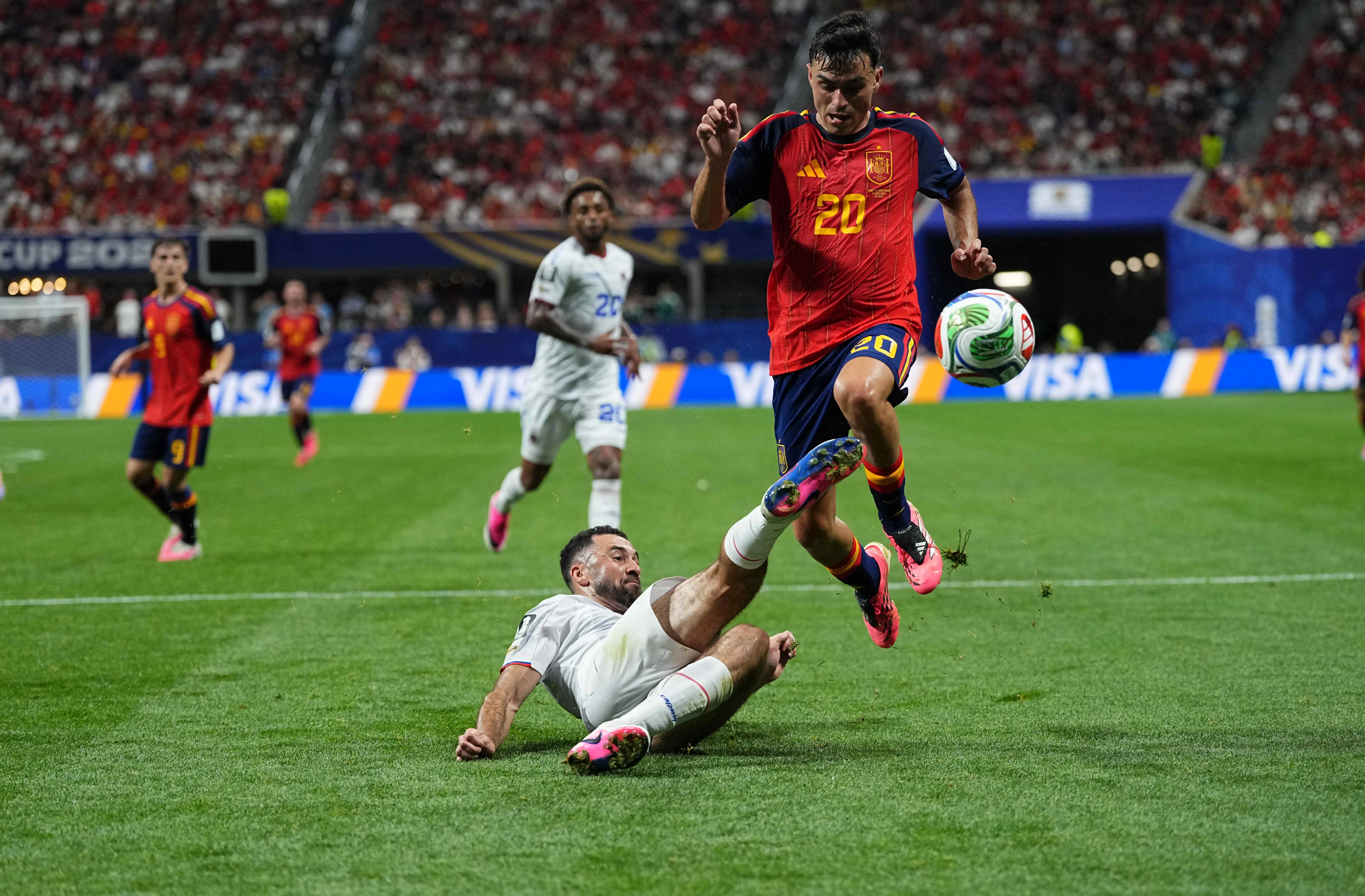 Pico Lopes (Cabo Verde) and Pedri (Spain) battle for the ball during Group H FIFA World Cup 2026, Spain and Cape Verde, Atlanta Stadium, Atlanta, United States on June 15 2026.