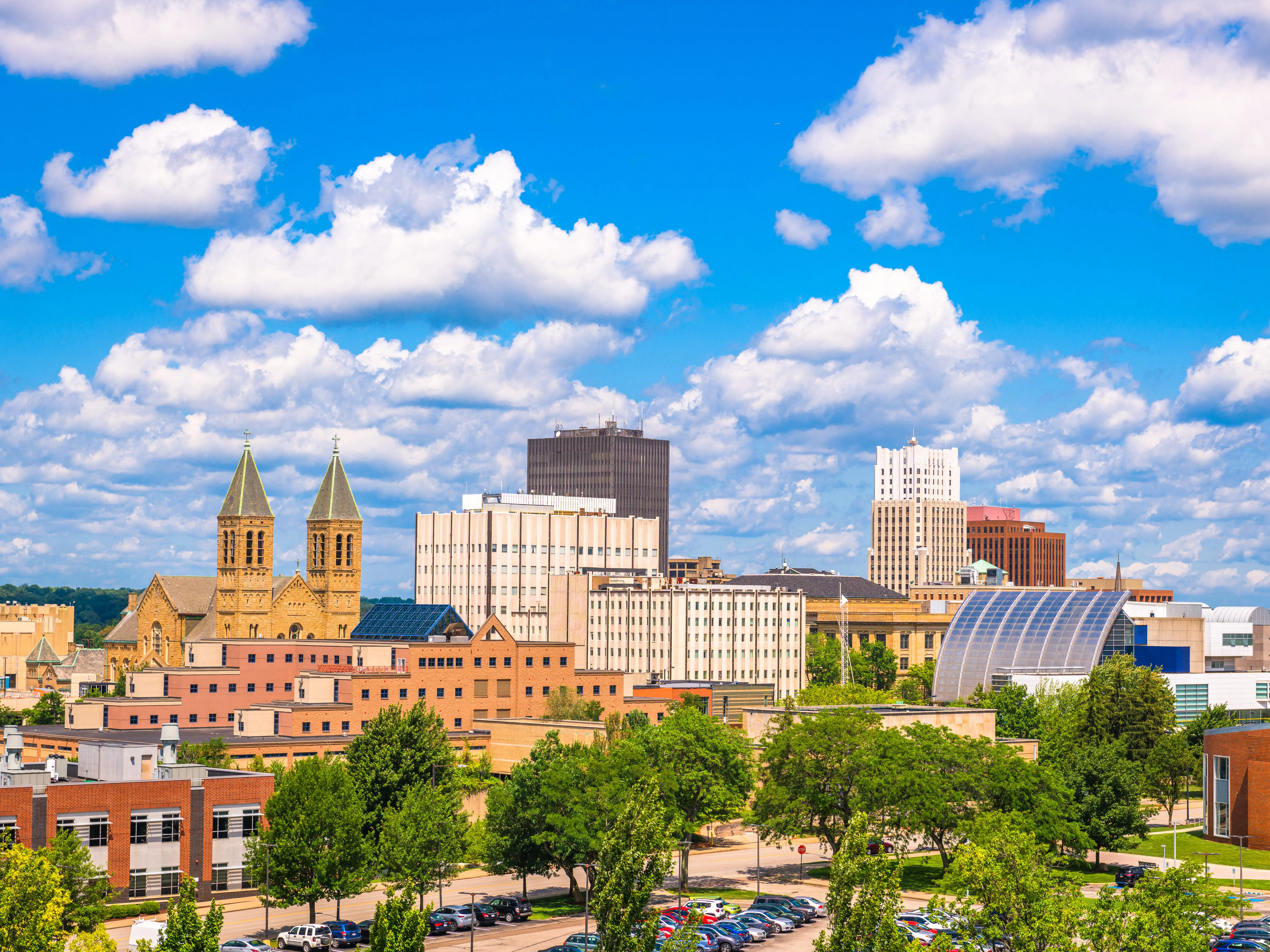 Akron, Ohio, USA downtown city skyline in the daytime.