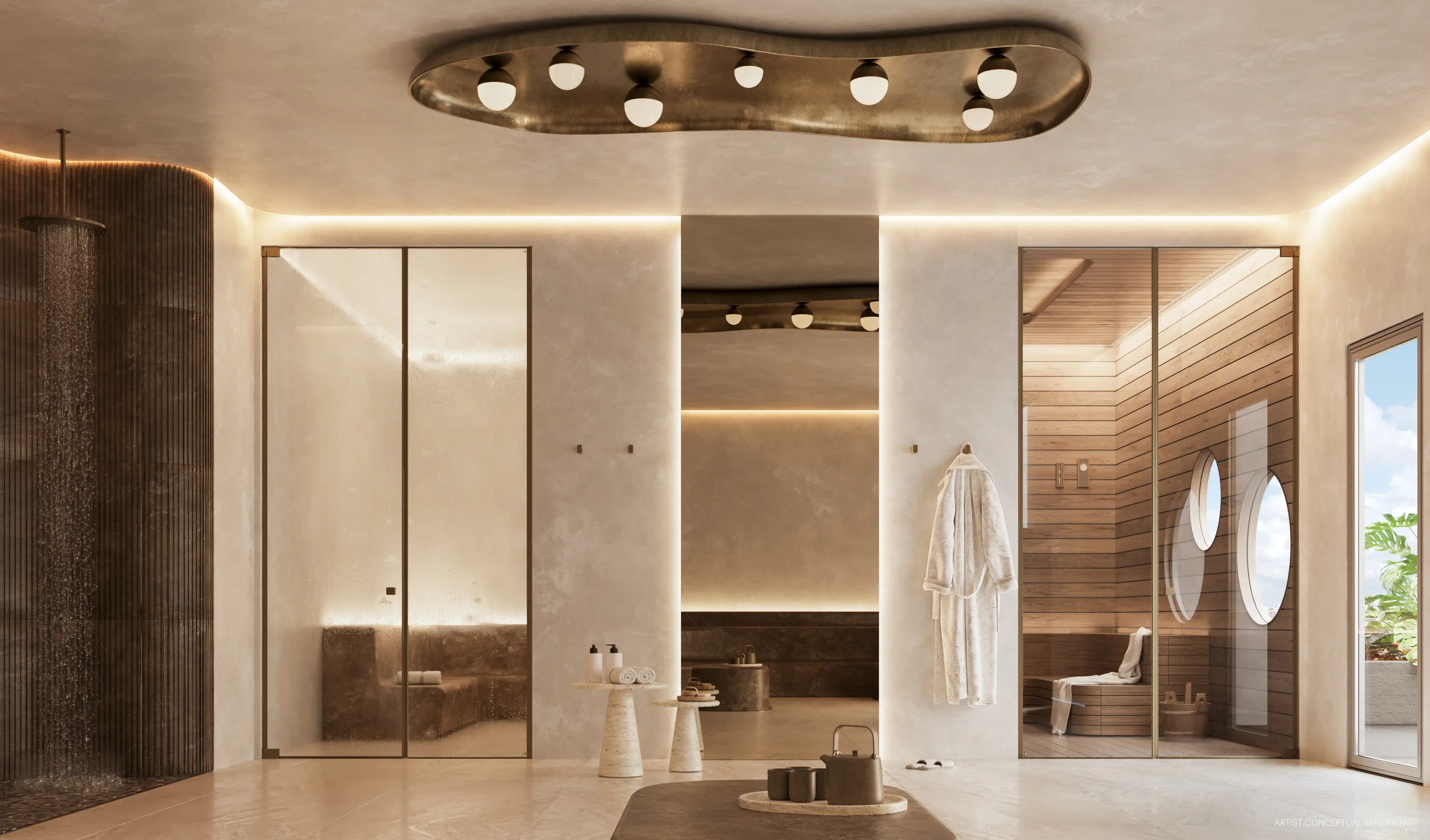 A rendering of steam rooms and a shower in a neutral-toned spa room at the planned House of Wellness condo development in downtown Miami.