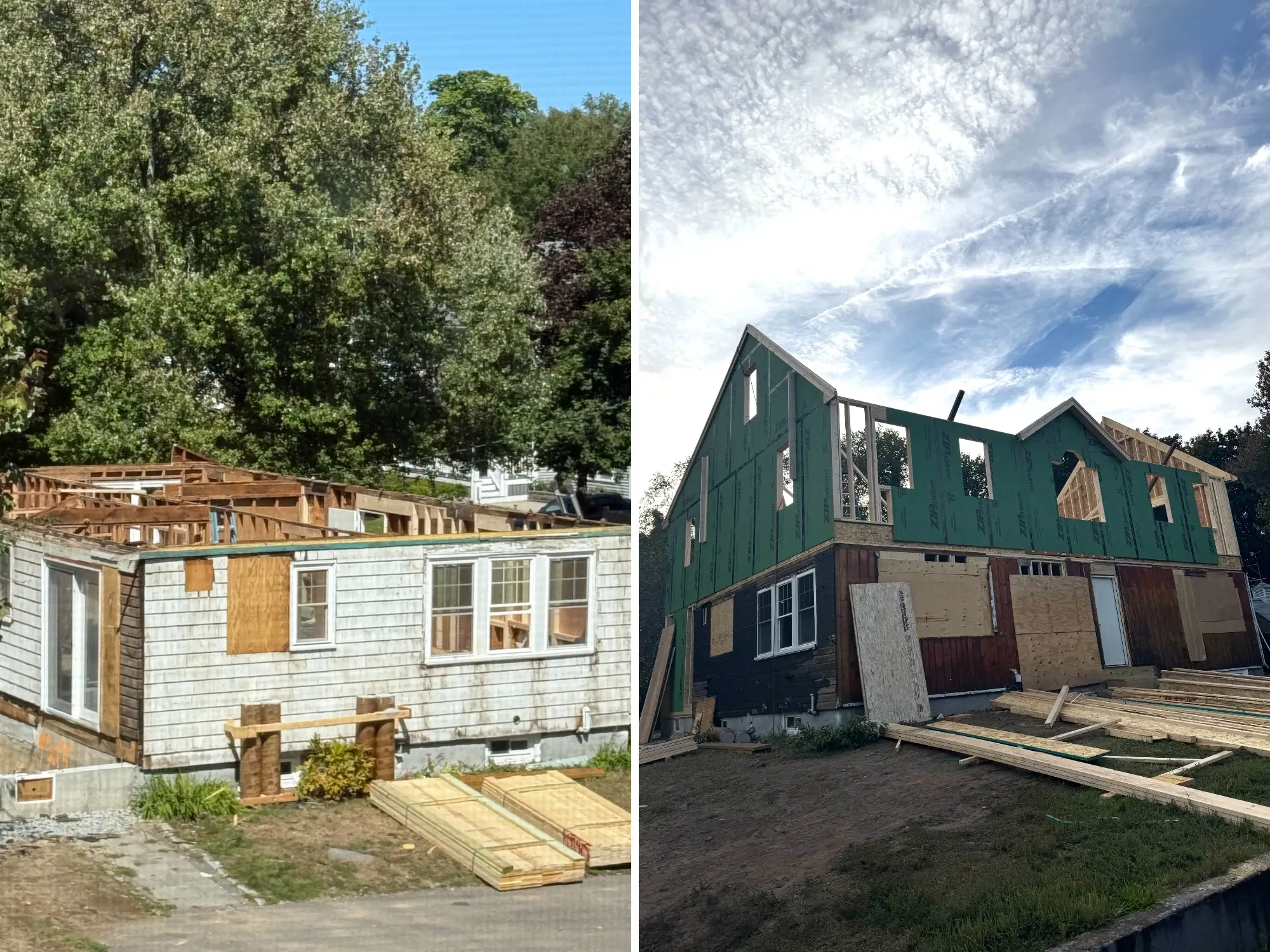 A side-by-side of a one-story home with no roof, and the same house with a second story being added.