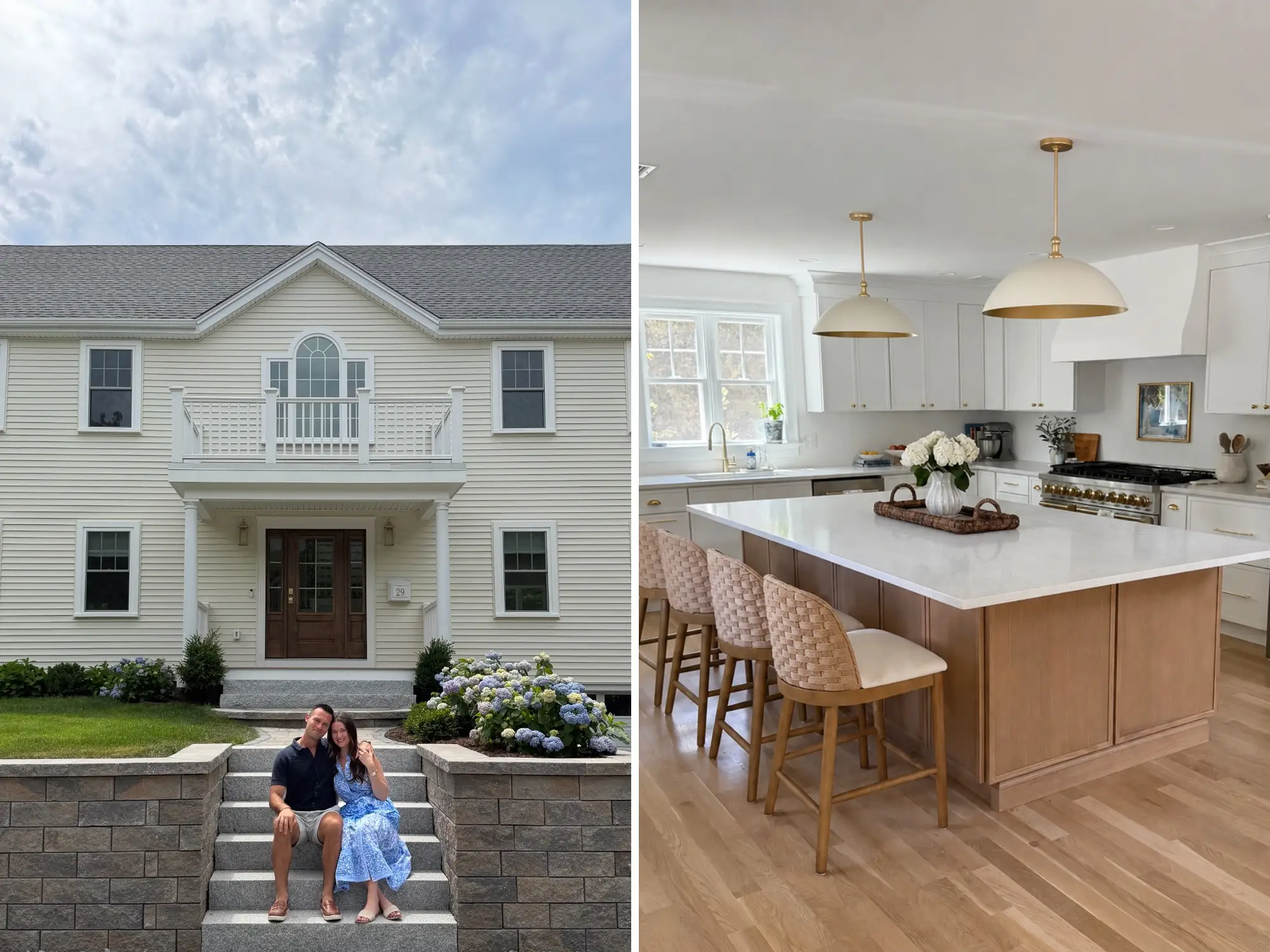 A side-by-side of a couple sitting on the stairs in front of their house and a large kitchen inside the home.