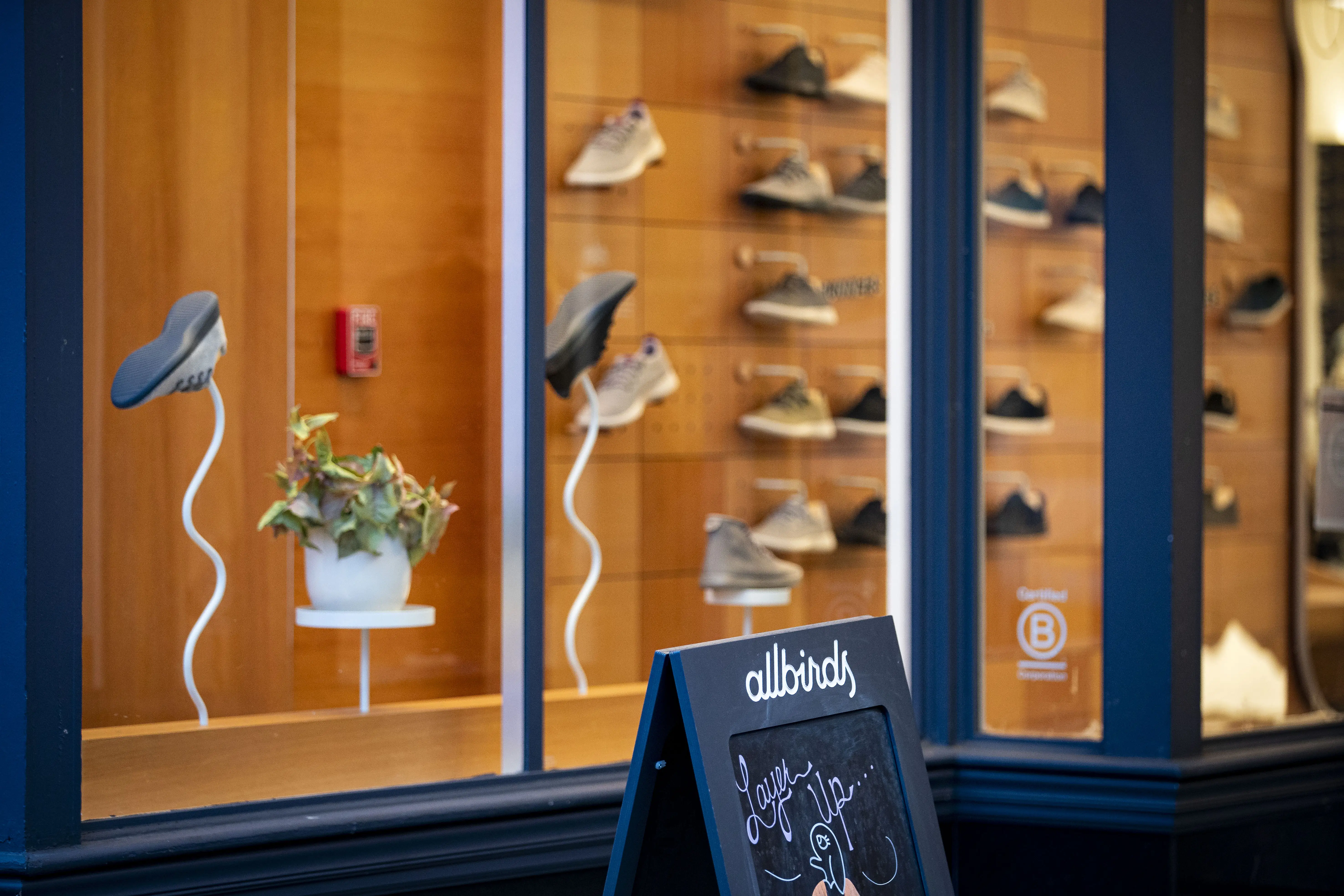 Sneakers displayed at an Allbirds store in the Georgetown neighborhood of Washington, D.C., U.S., on Tuesday, Feb. 16, 2021.