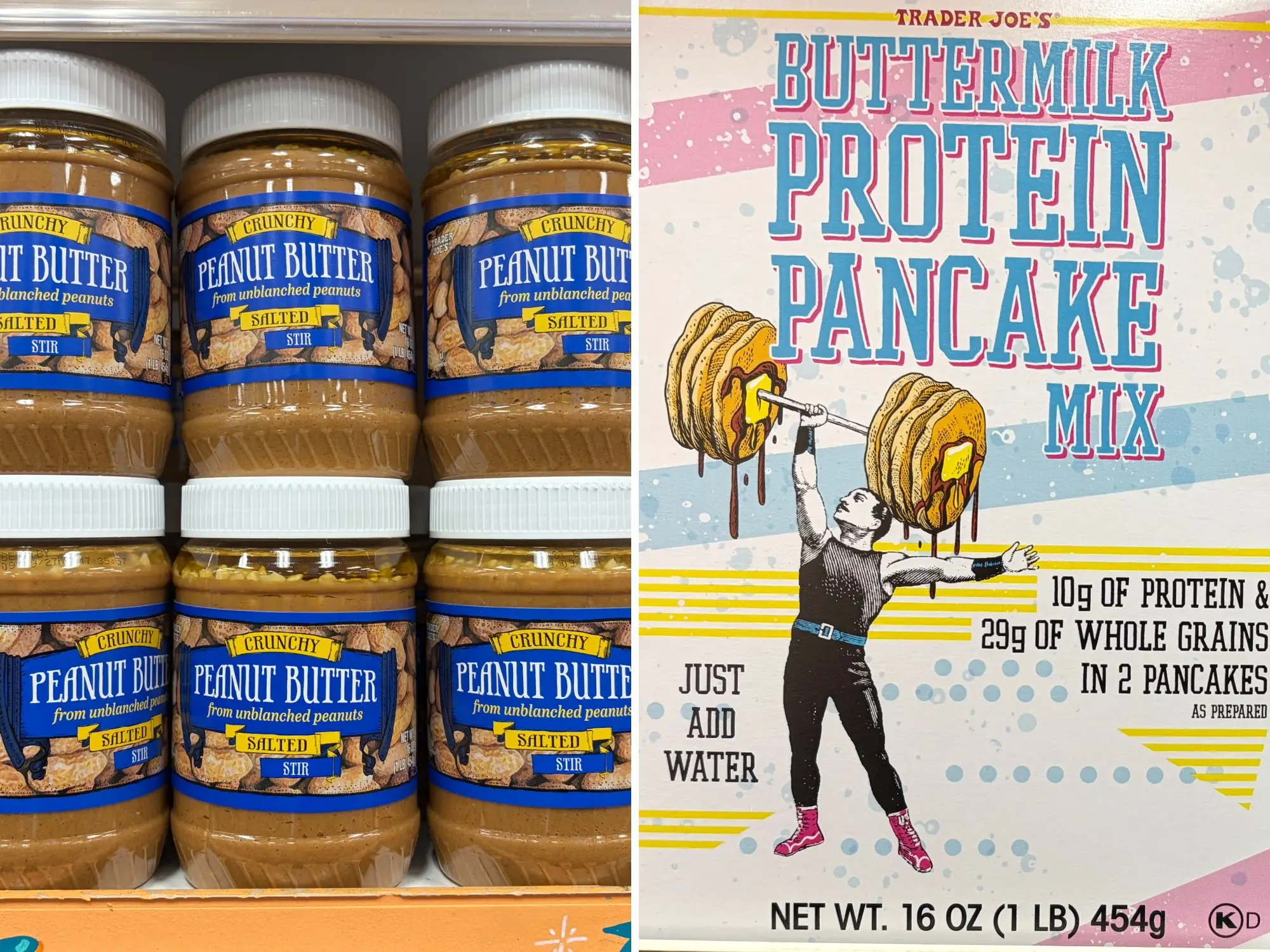 A composite image of jars of Trader Joe's crunchy peanut butter, and a box of Trader Joe's buttermilk protein pancake mix.