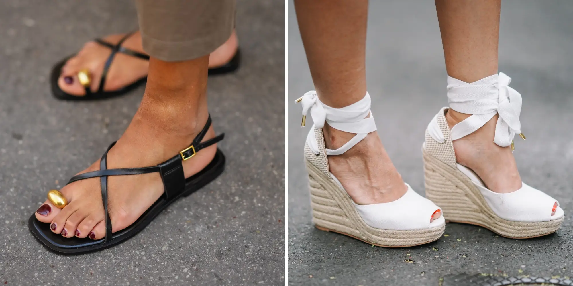 Composite of perosn wearing black strappy sandals with gold metal toe accent next to image of espadrille lace-up sandals
