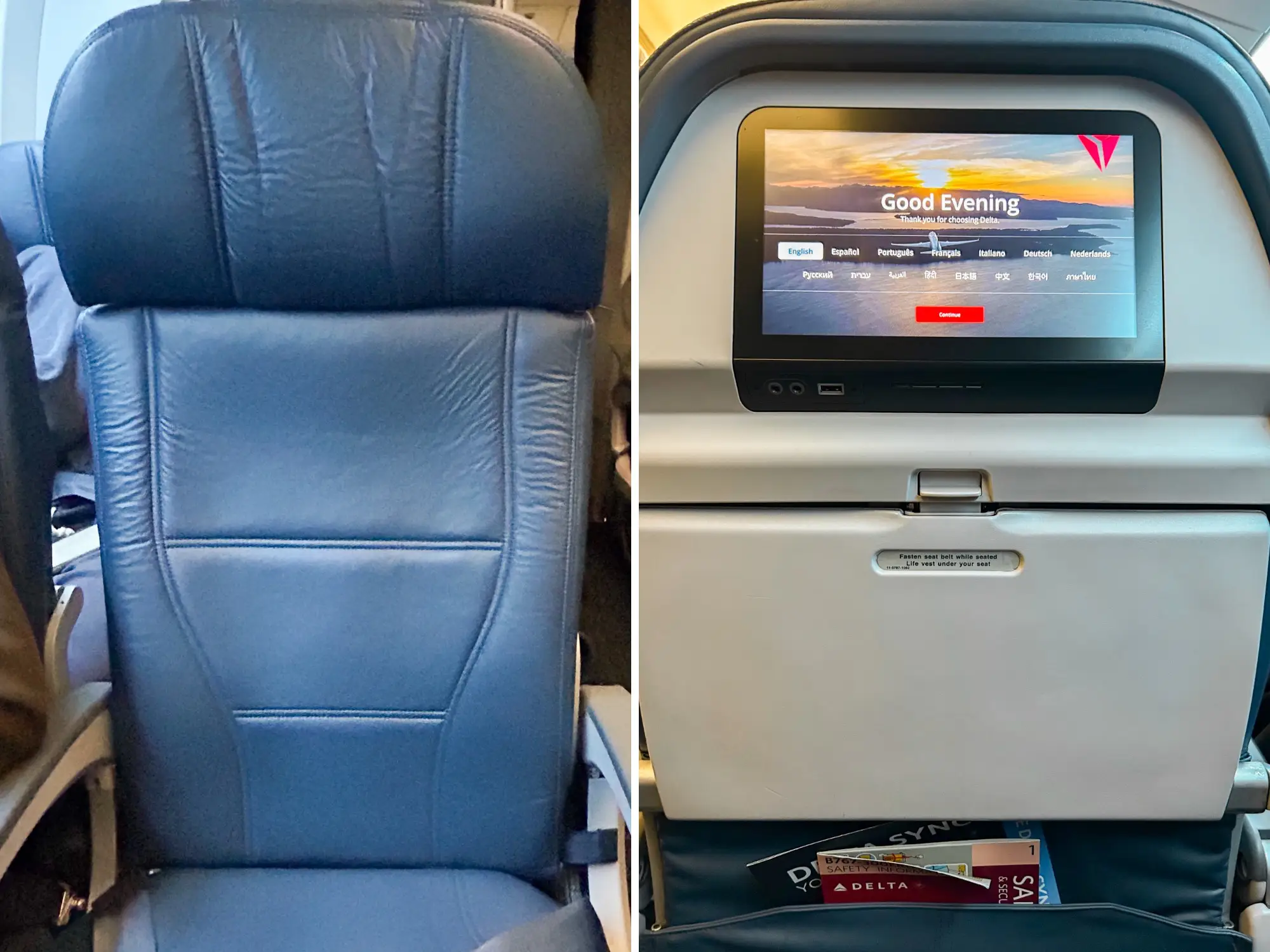 A composite image of the front and back of a Delta economy airline seat
