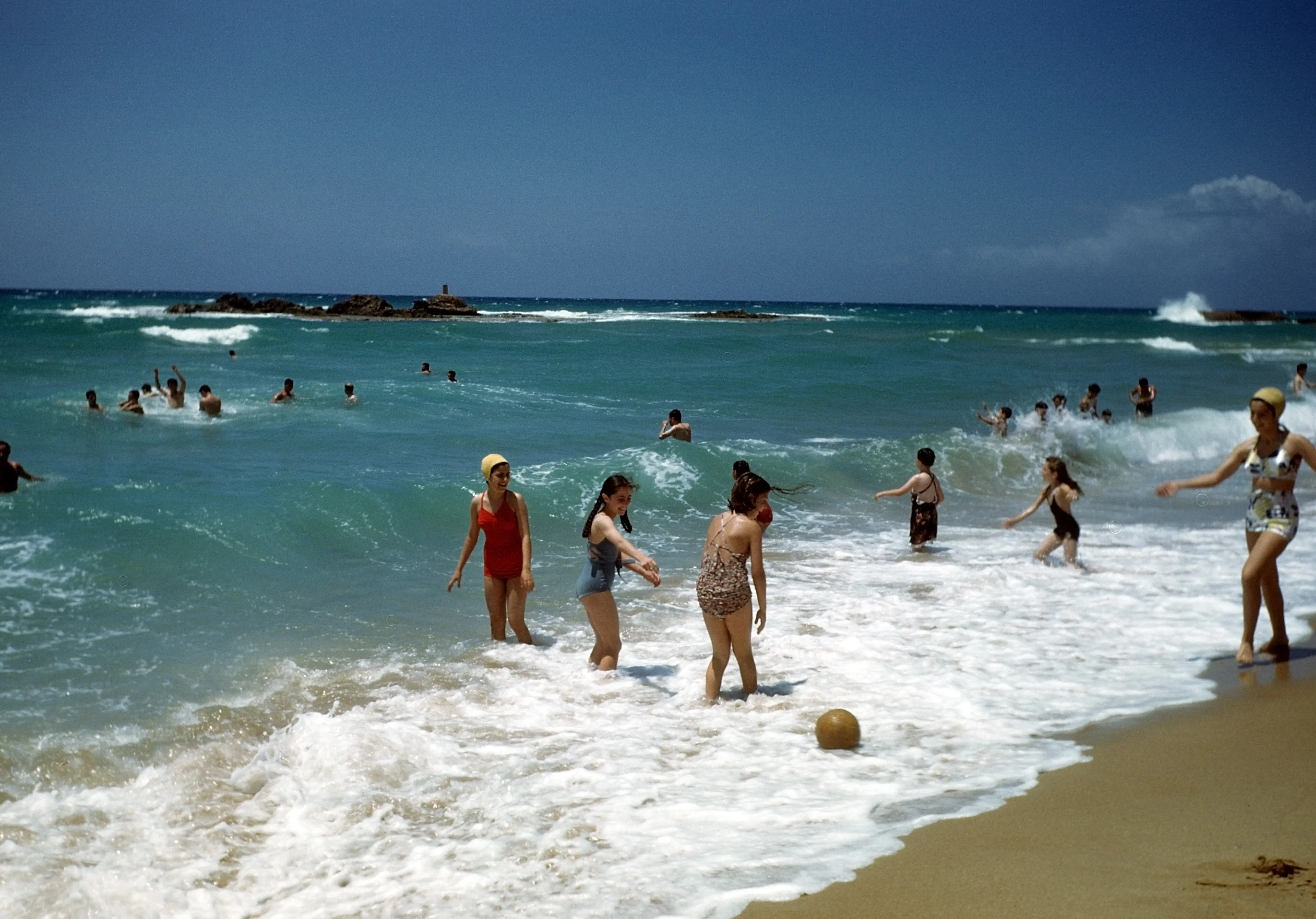 MAY 1948: A view as people wade in the surf on the beach in Beirut, Lebanon.