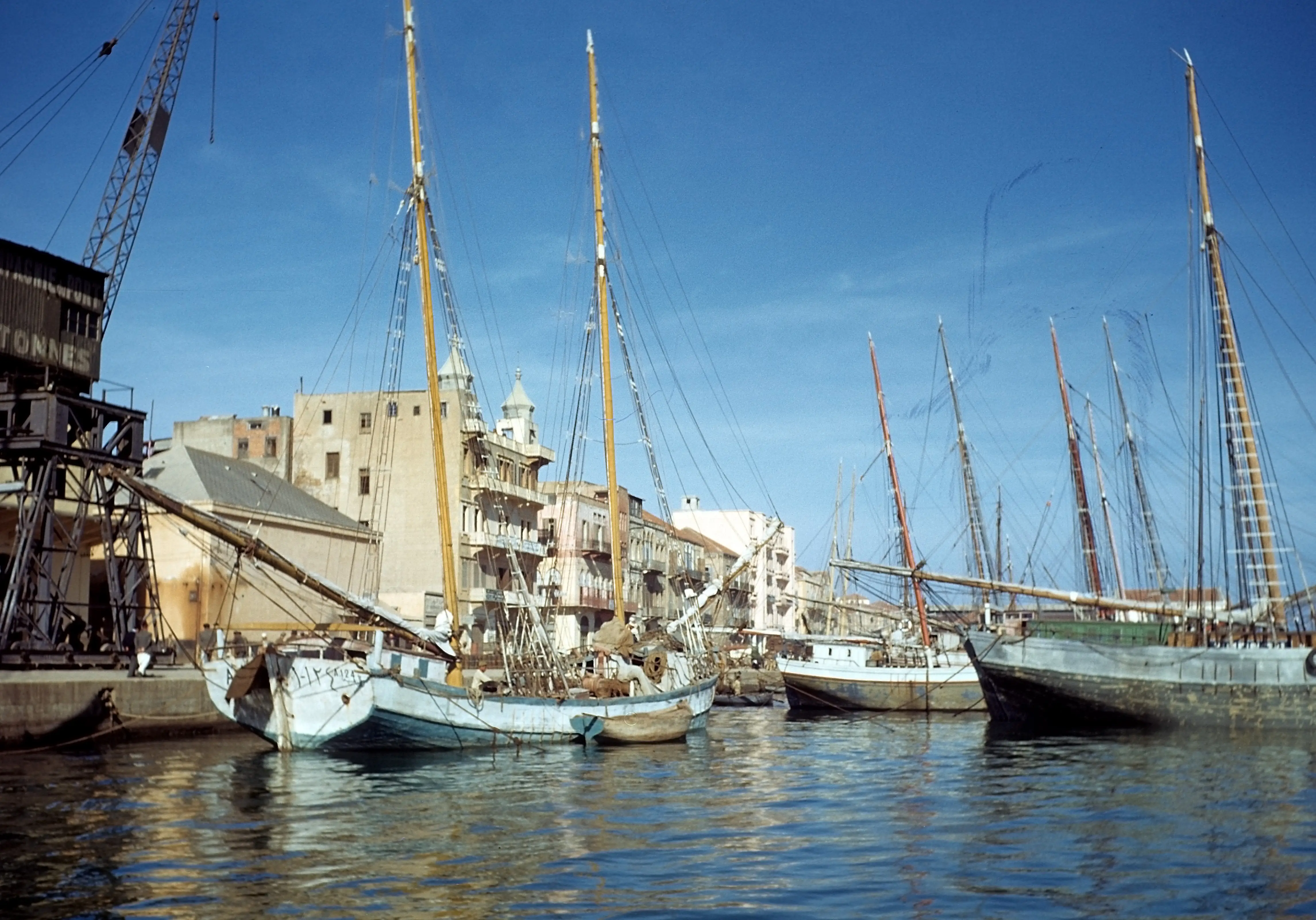 MAY 1948: A view of a fishing vessels anchored at Beirut Harbor in Beirut, Lebanon.