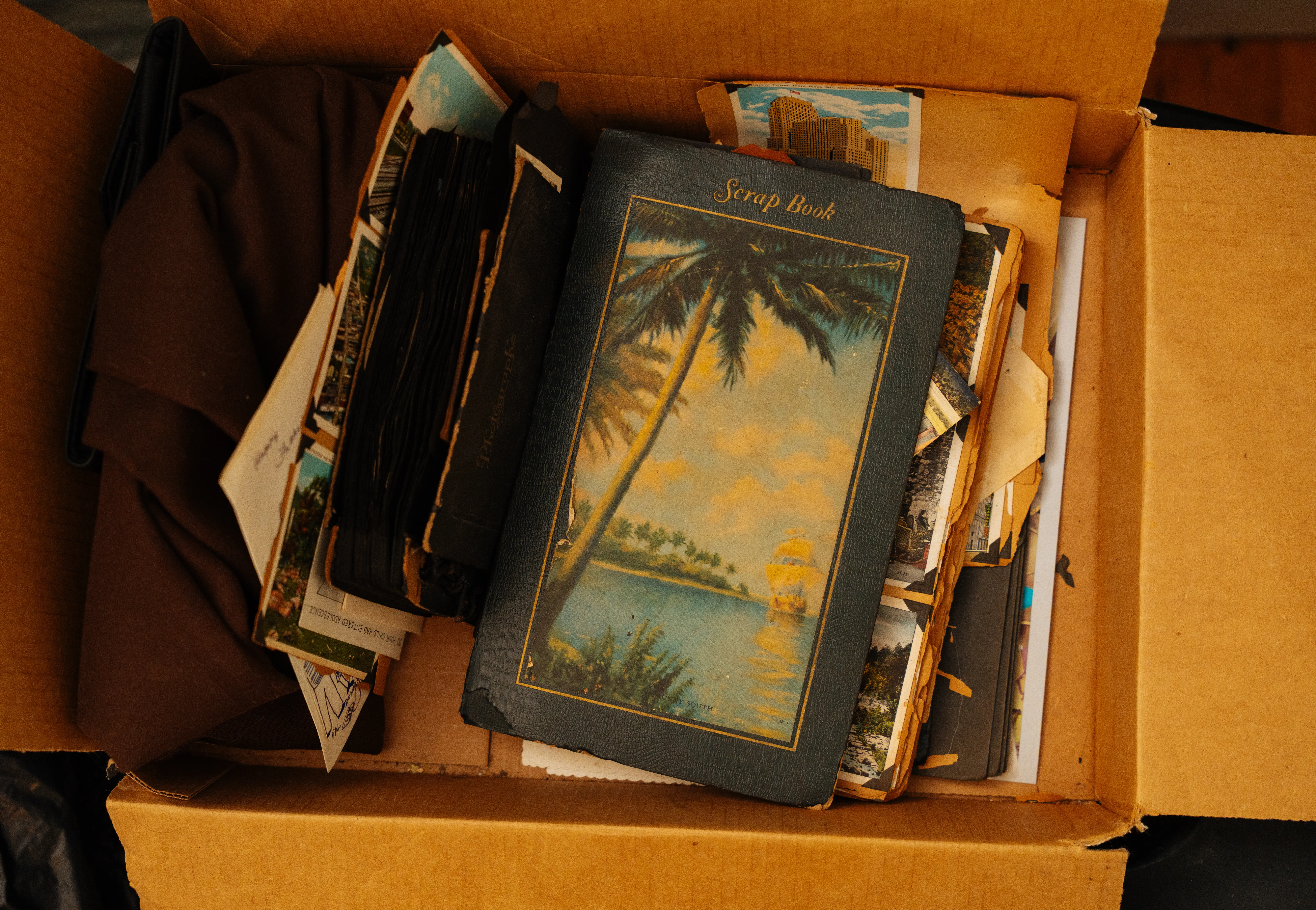 Open cardboard box holds old scrapbooks, loose photographs, postcards, and a blue album labeled “Scrap Book.”