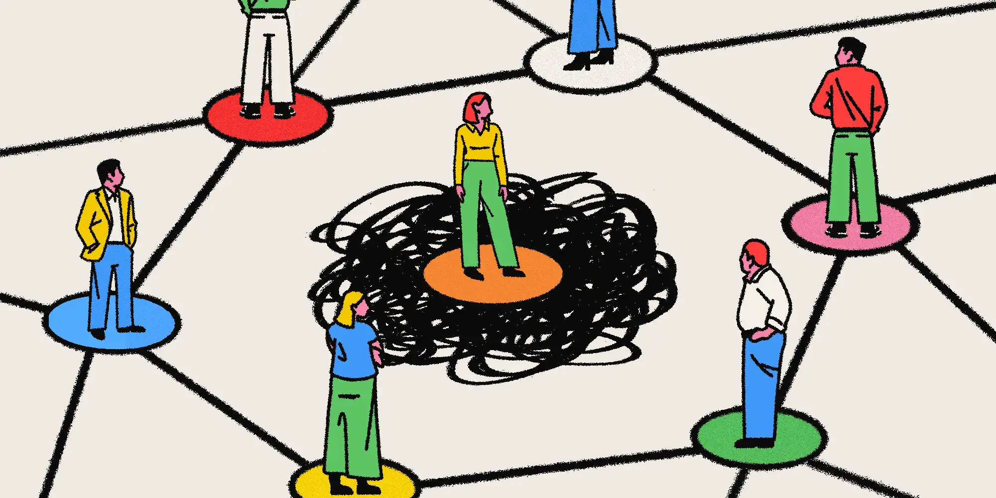 A network of people surrounding a person whose lines are scrambled