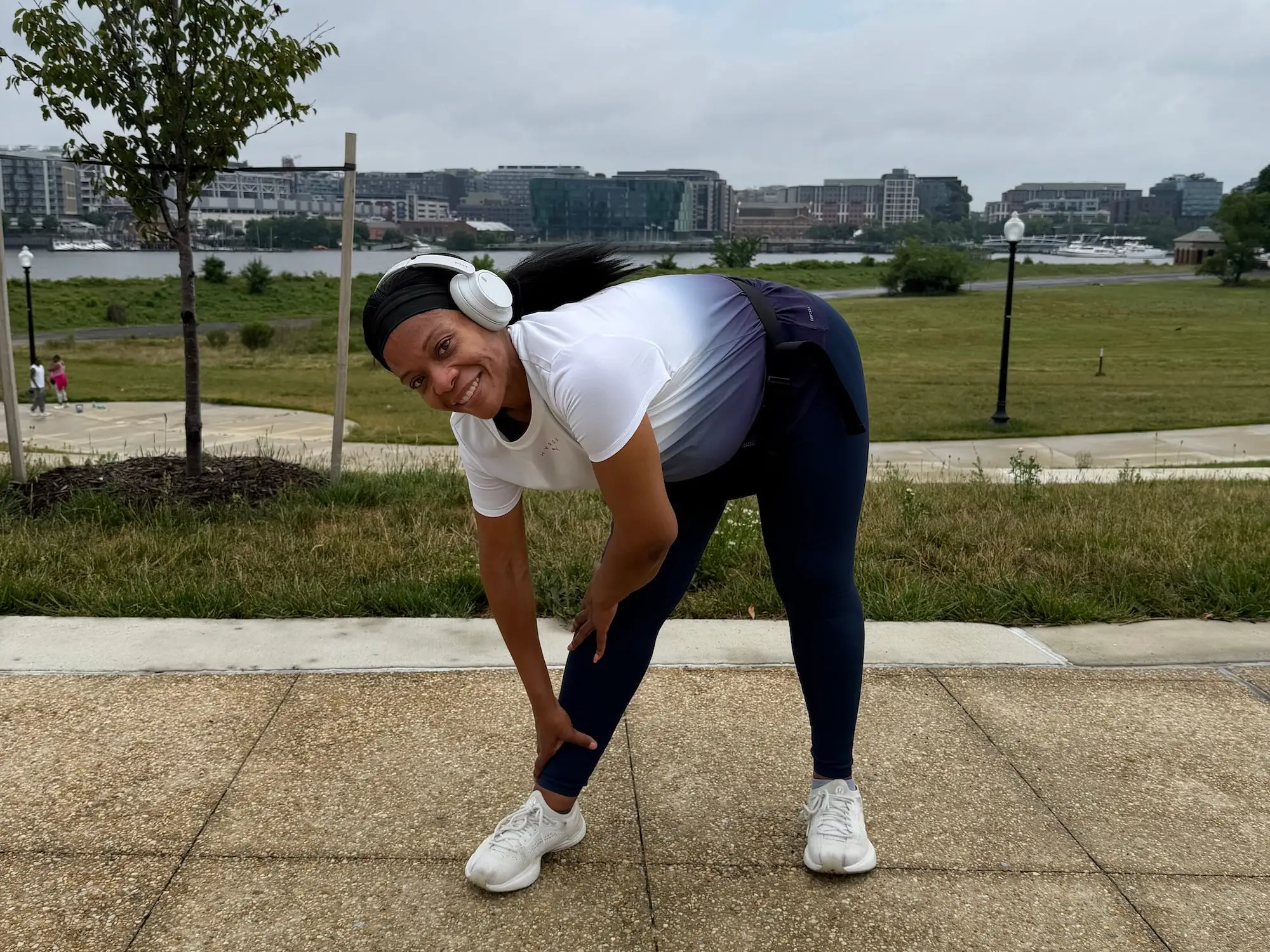 A woman doing a stretch