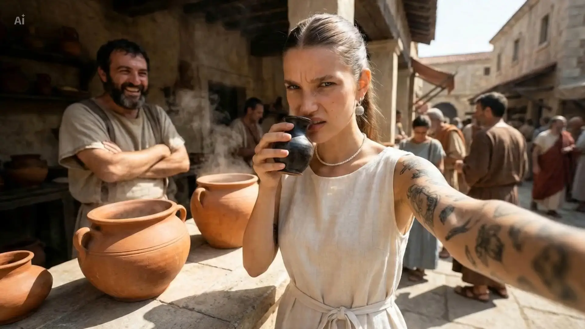 AI-generated character looking at the camera, sniffing an ancient container, and making a disgusted face.