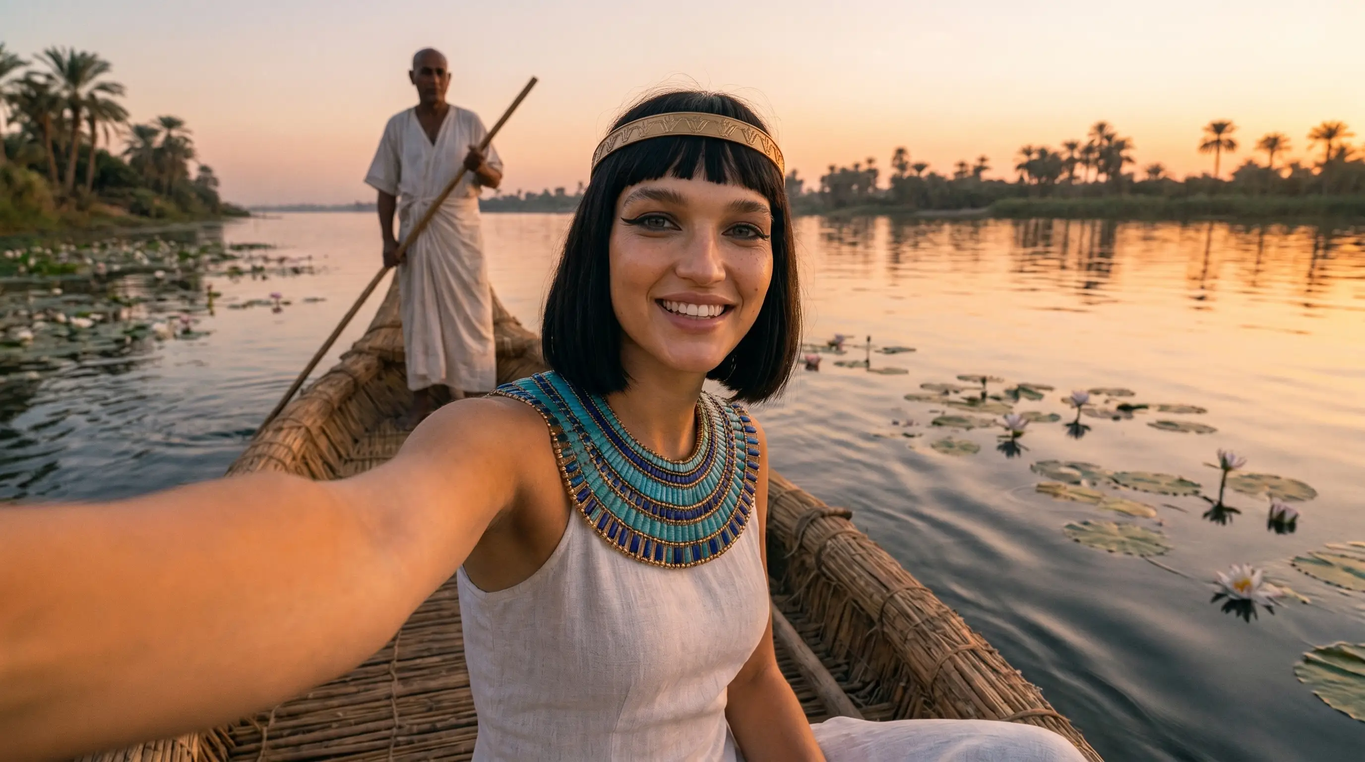An AI-generated character dressed in ancient Egyptian attire.