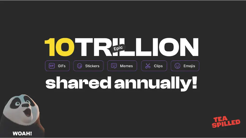 10 TRILLION

GIFs • Stickers • Memes • Clips • Emojis

shared annually!

WOAH!