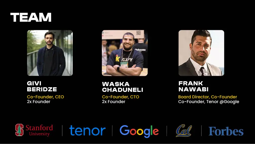 GIVI BERIDZE
Co-Founder, CEO
2x Founder

WASKA CHADUNELI
Co-Founder, CTO
2x Founder

FRANK NAWABI
Board Director, Co-Founder
Co-Founder, Tenor @Google