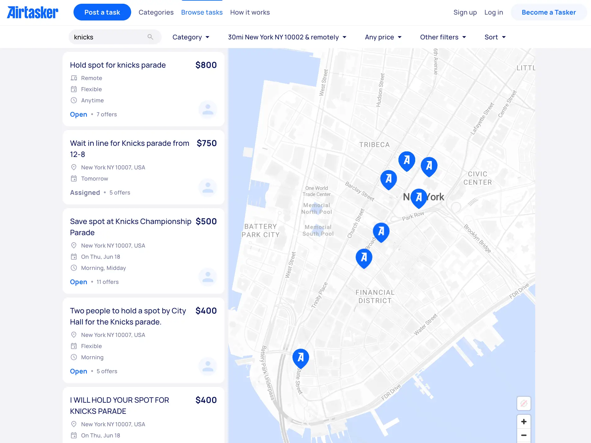 Screengrab of the Airtasker website showing listings related to the Knicks' championship parade.