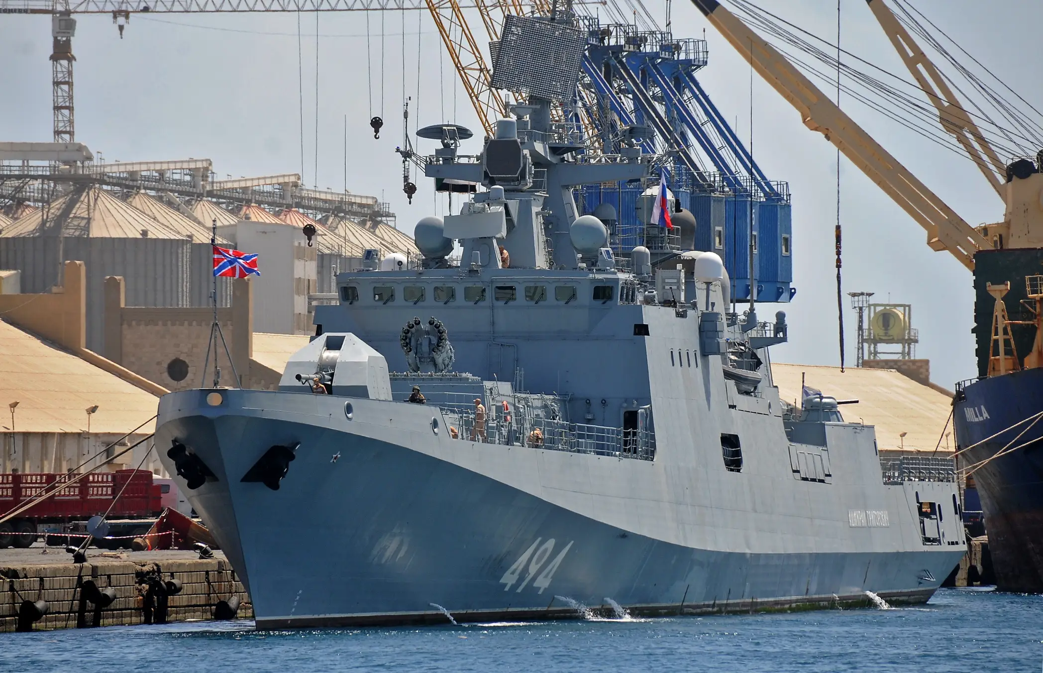 The Admiral Grigorovich is anchored at a port in Sudan.