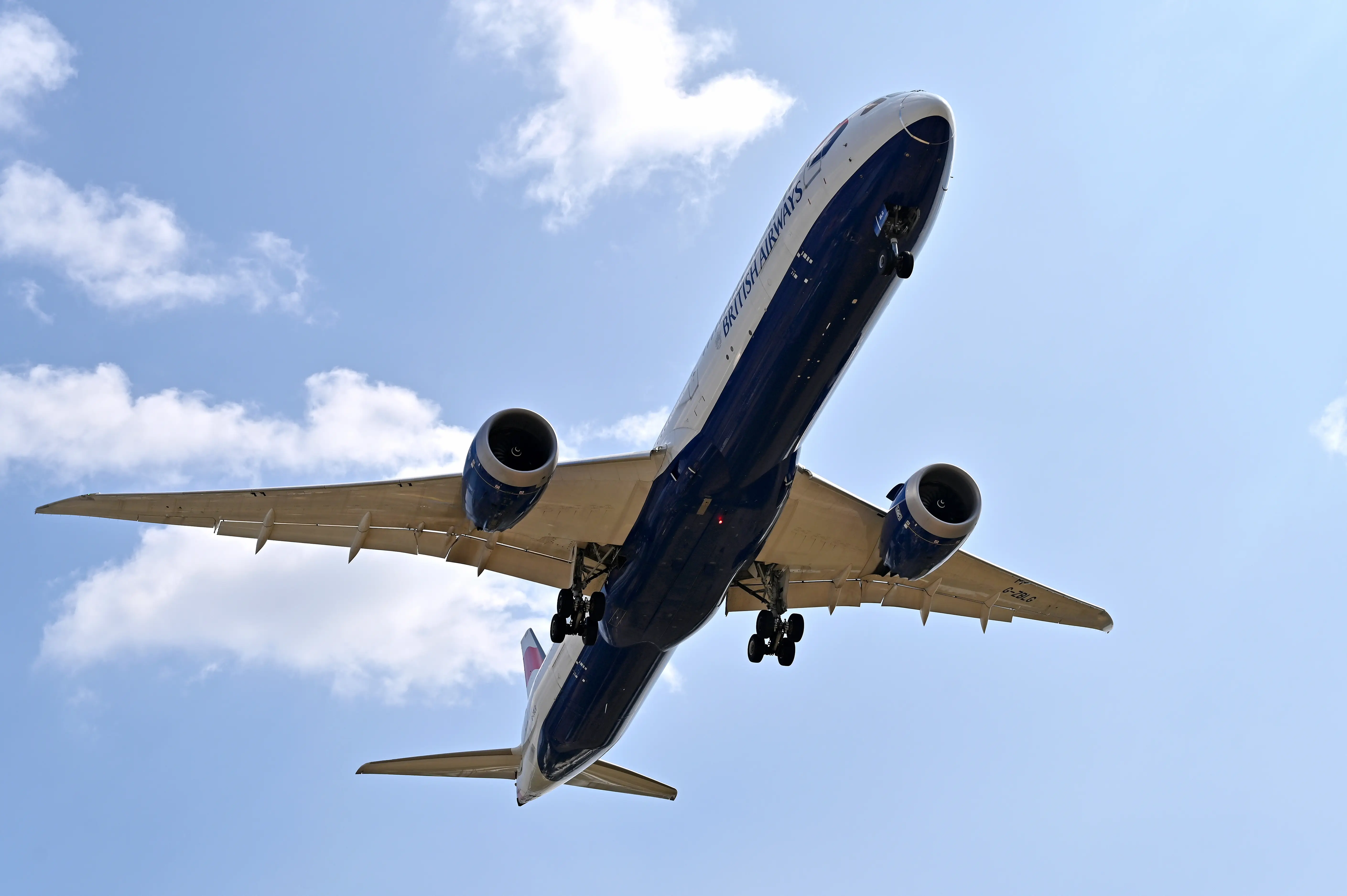 An British Airways Boeing 787-10 Dreamliner with tail registration number G-ZBLG comes in to land at Heathrow Airport on August 10, 2025 in London, England.