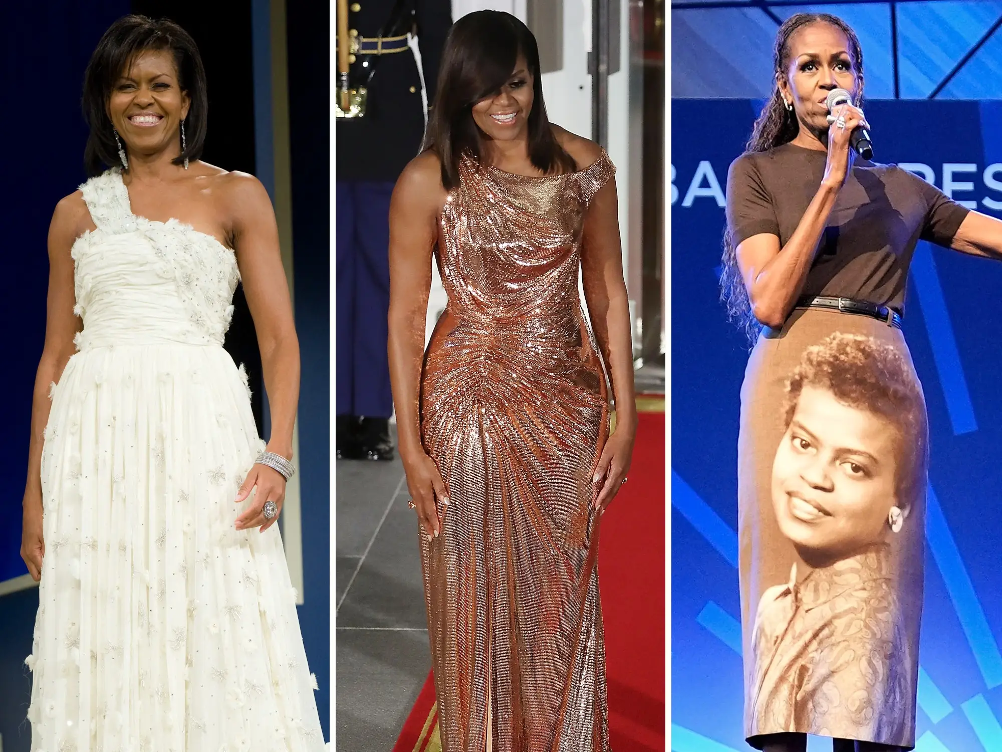 Three photos of Michelle Obama in different outfits over the years.