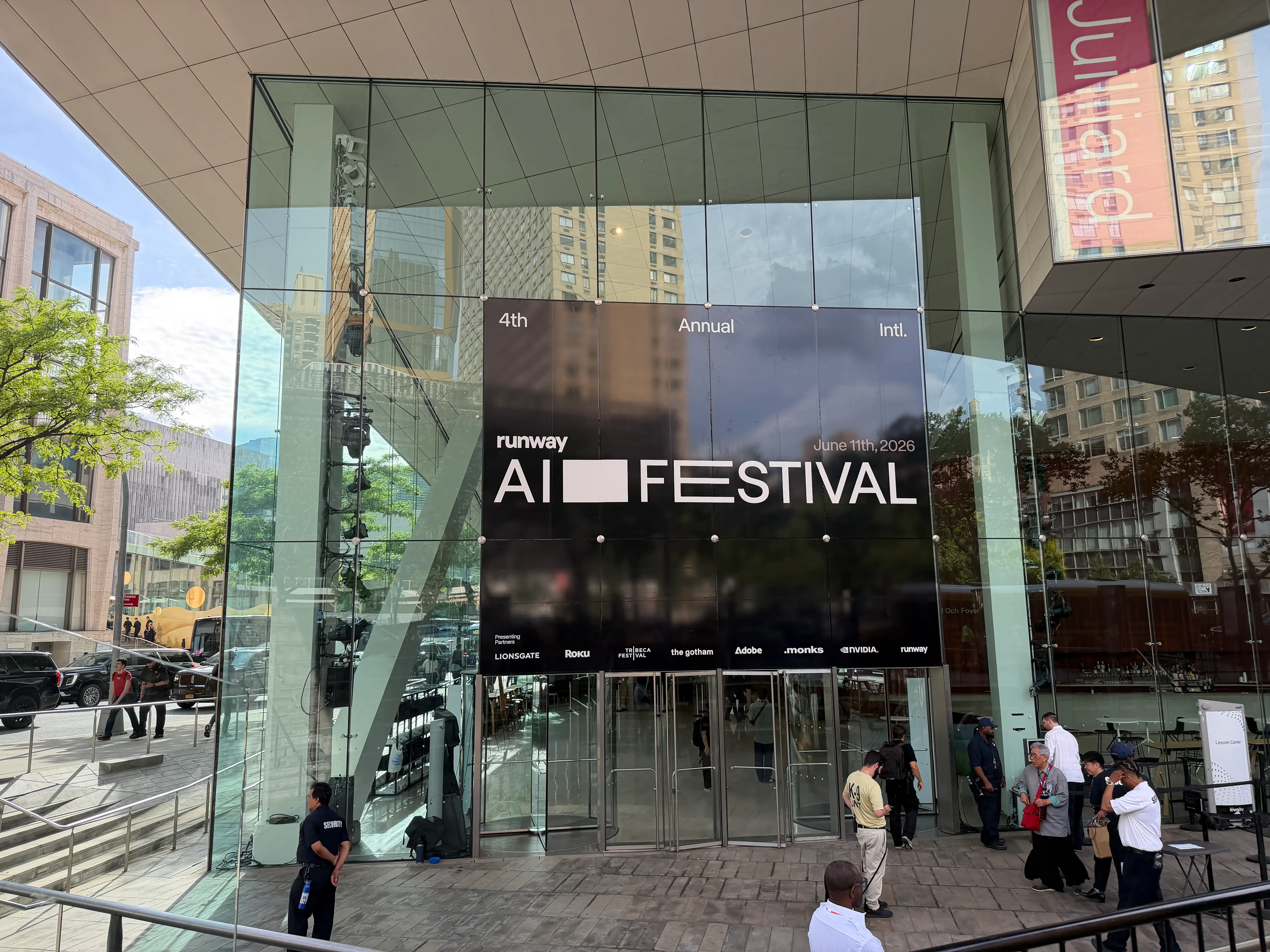 The exterior of Runway's AI festival at Lincoln Center is pictured.
