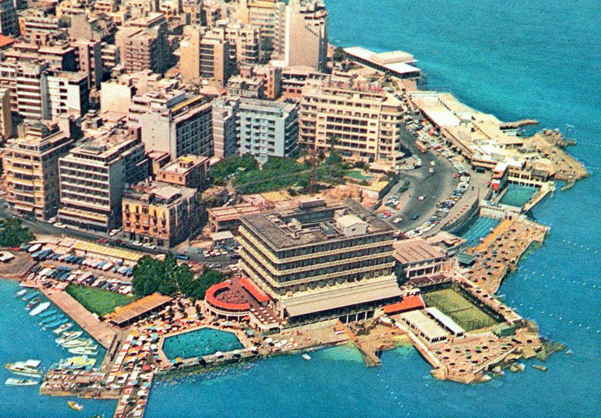 An aeriel view dated in the early 1970s shows Saint George hotel in Beirut, which is scheduled to reopen after renovations on the first day of the new century, 01 January 2000