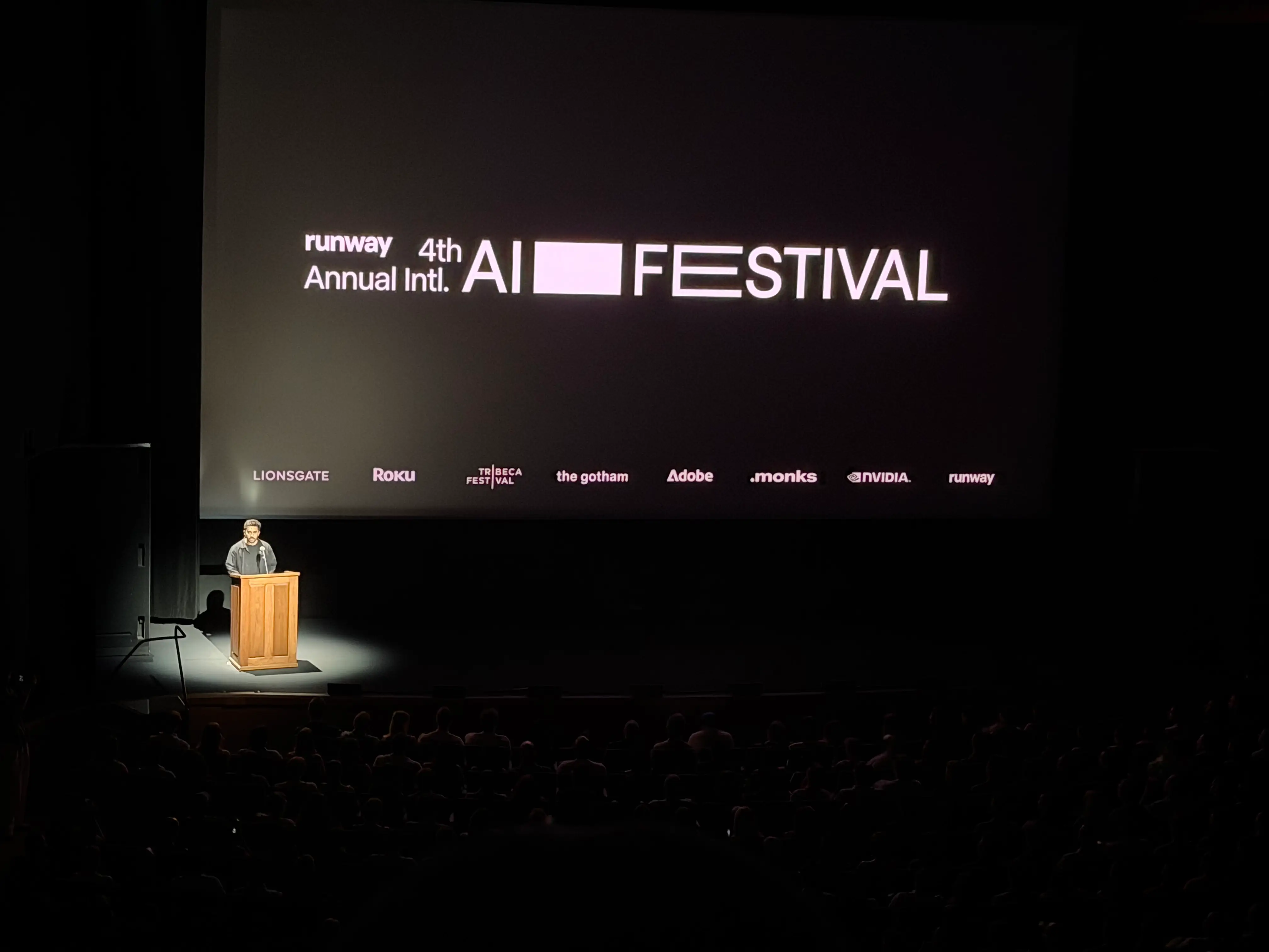 Cristóbal Valenzuela is pictured on stage at Runway's AI Festival.