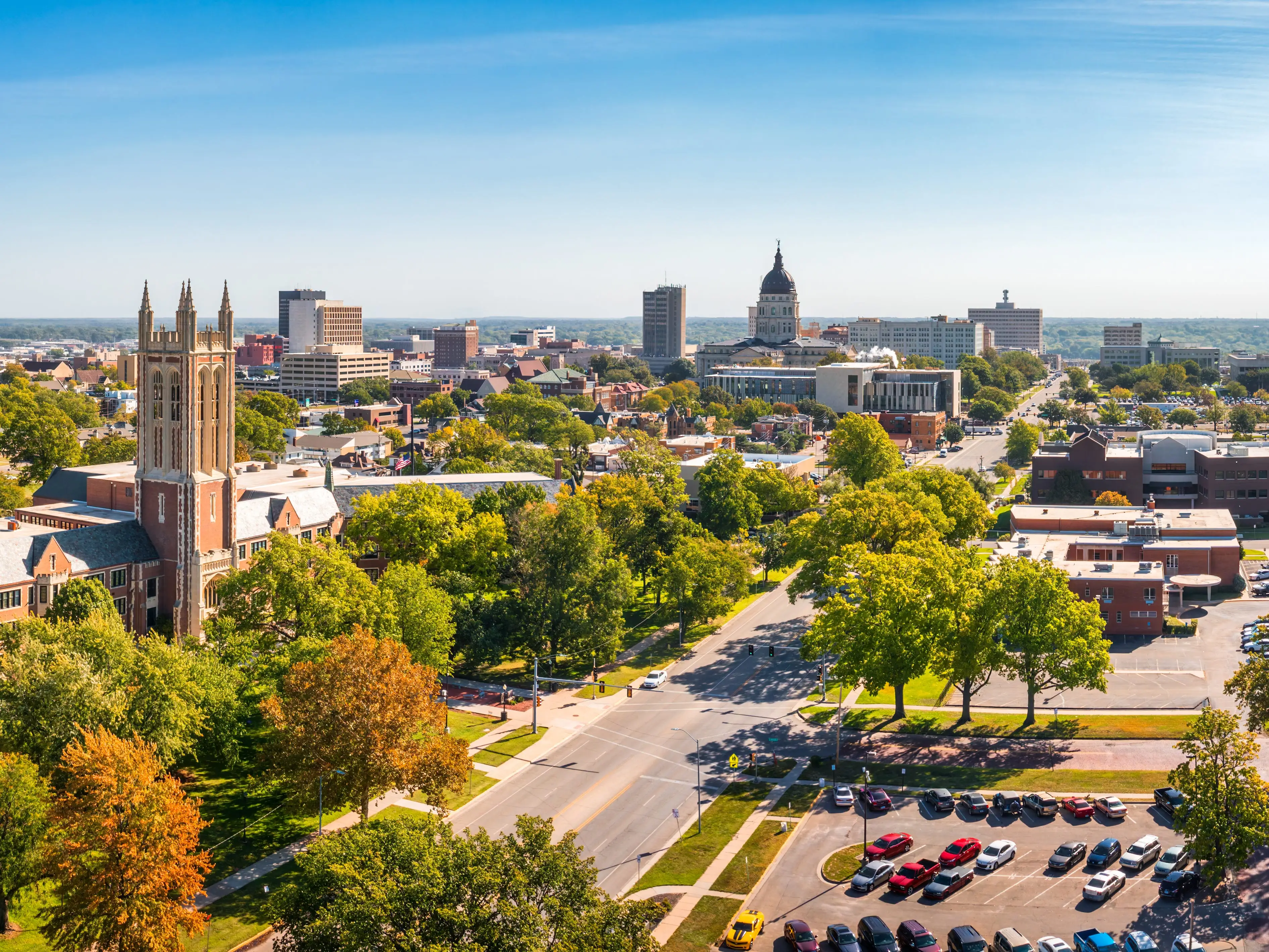 Aerial panorama of Topeka, Kansas along the 10th Avenue. Topeka is the capital city of the U.S. state of Kansas and the county seat of Shawnee County