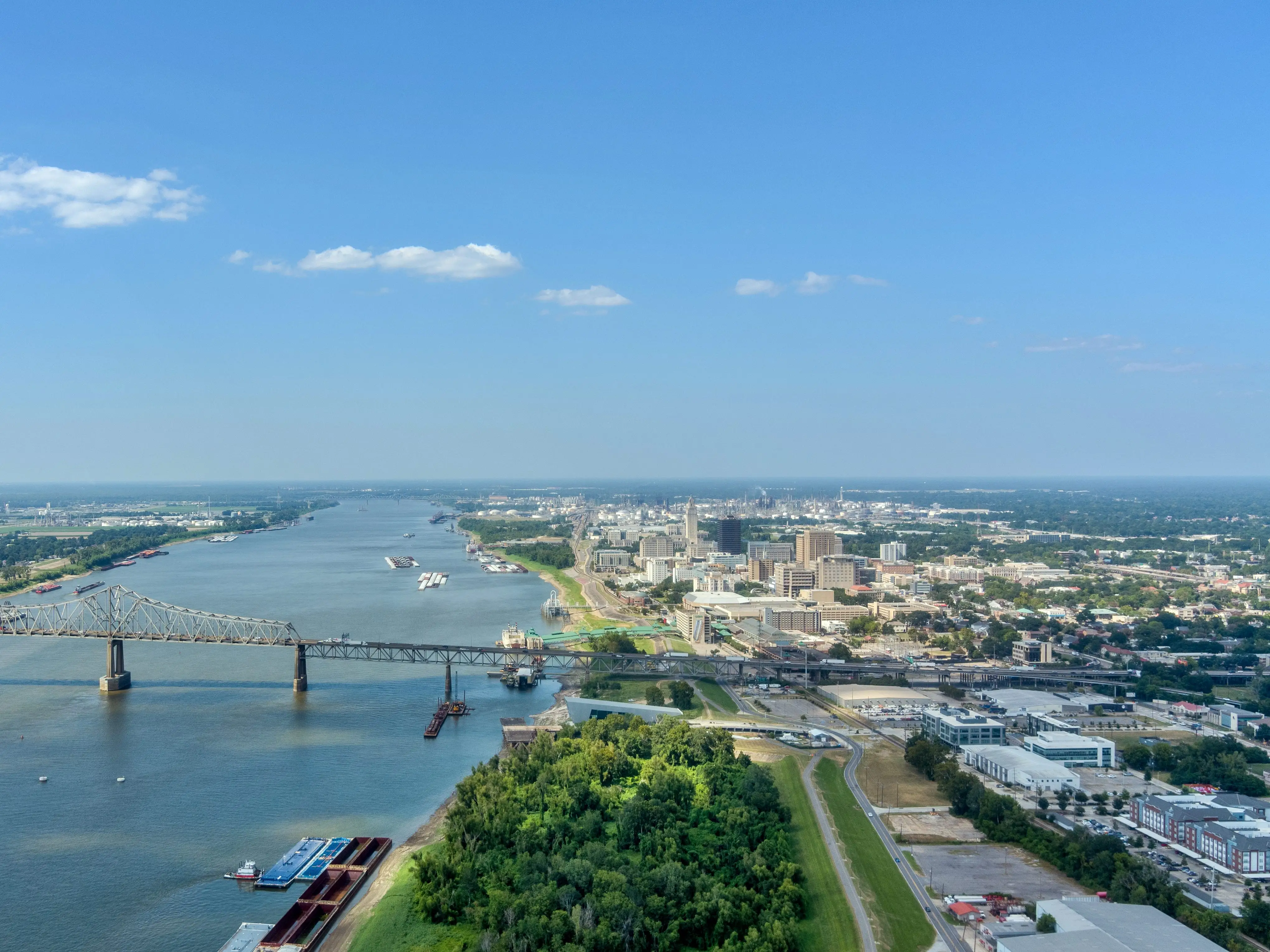 Aerial view of downtown Baton Rouge, Louisiana and the Mississippi River on a sunny August day