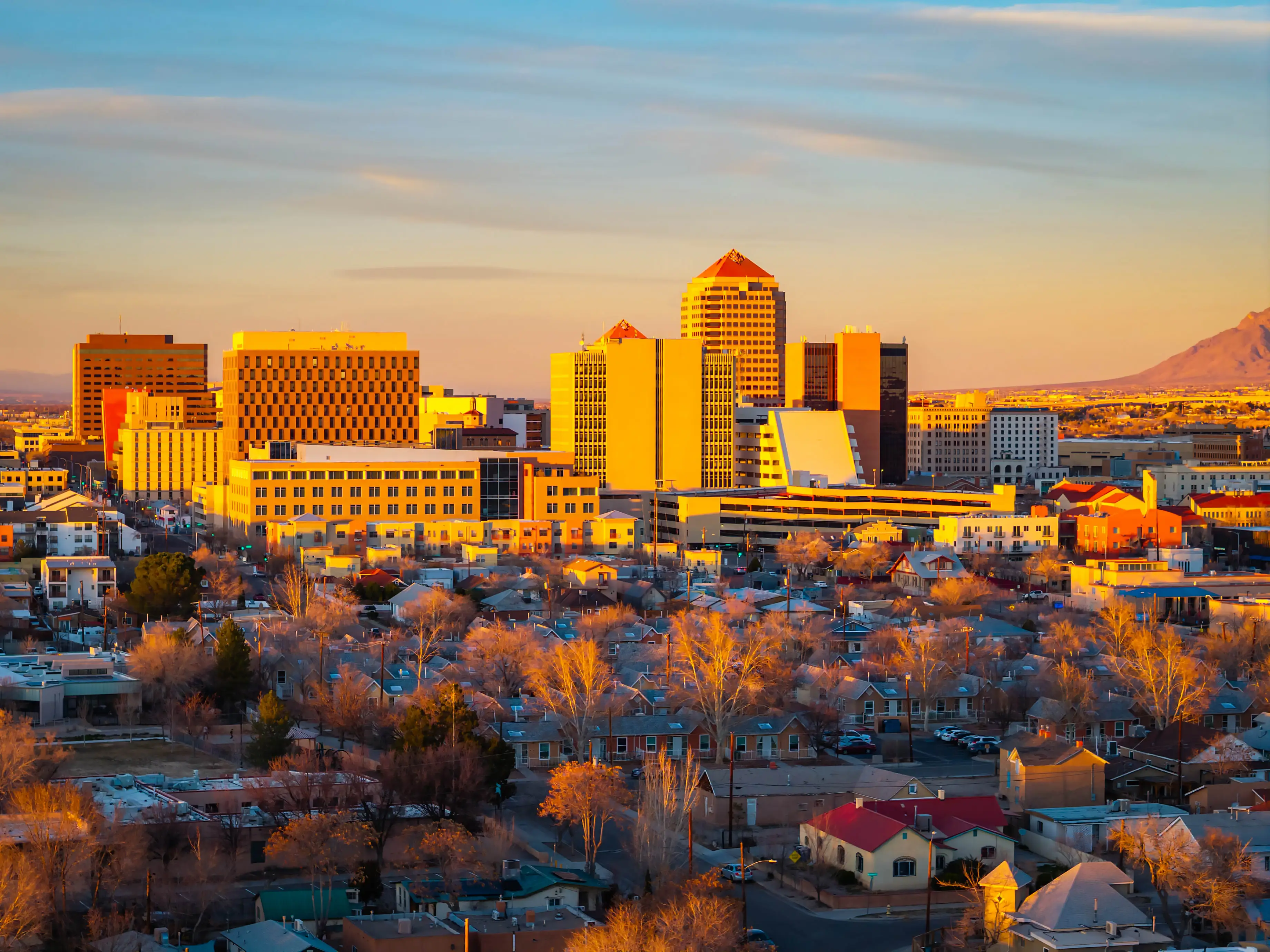 Scenic Aerial View of Albuquerque at Golden Sunset in New Mexico stock photo