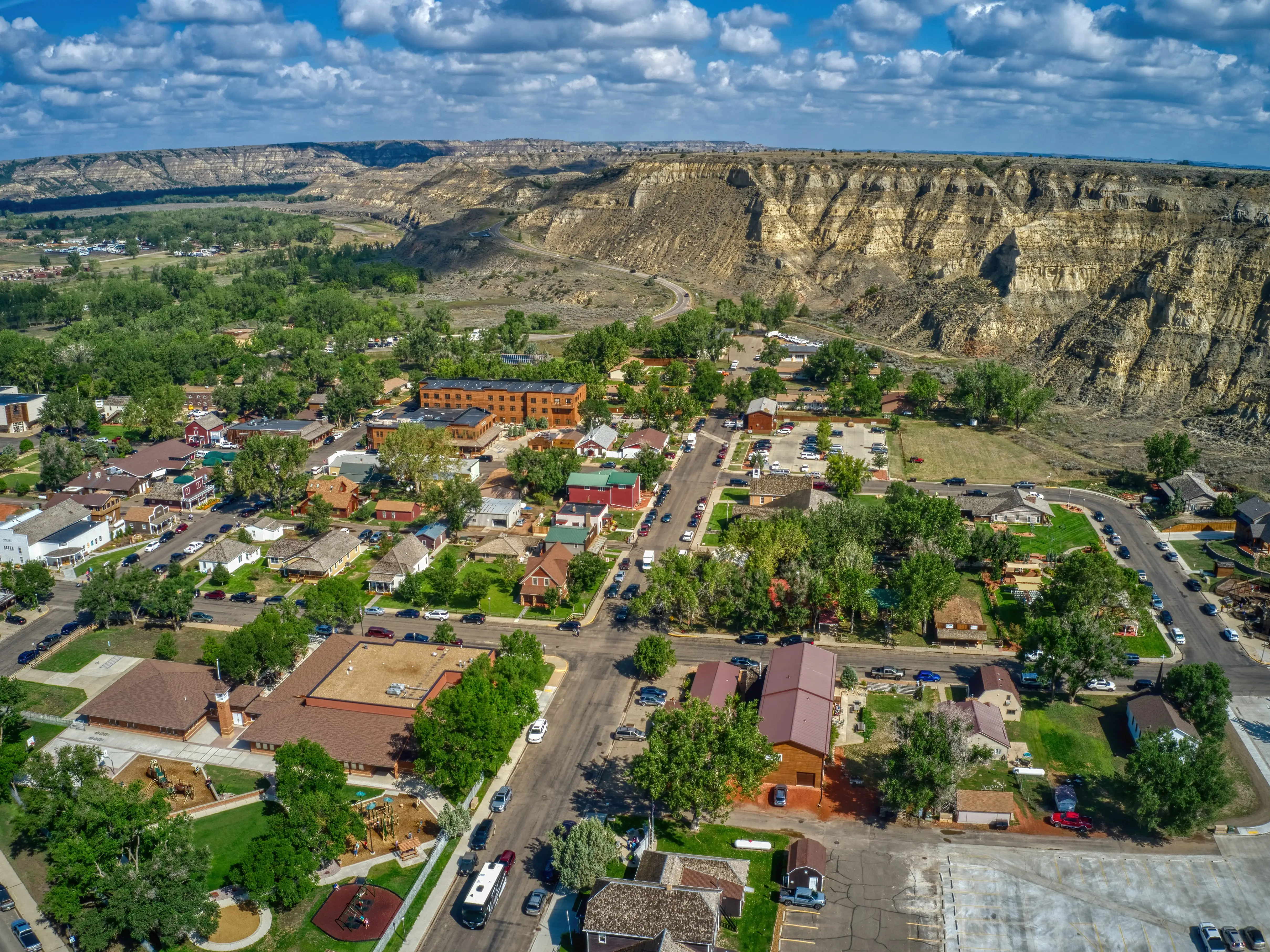 Aerial View of the Tourist Town of Medora, North Dakota outside of Theodore Roosevelt National Park