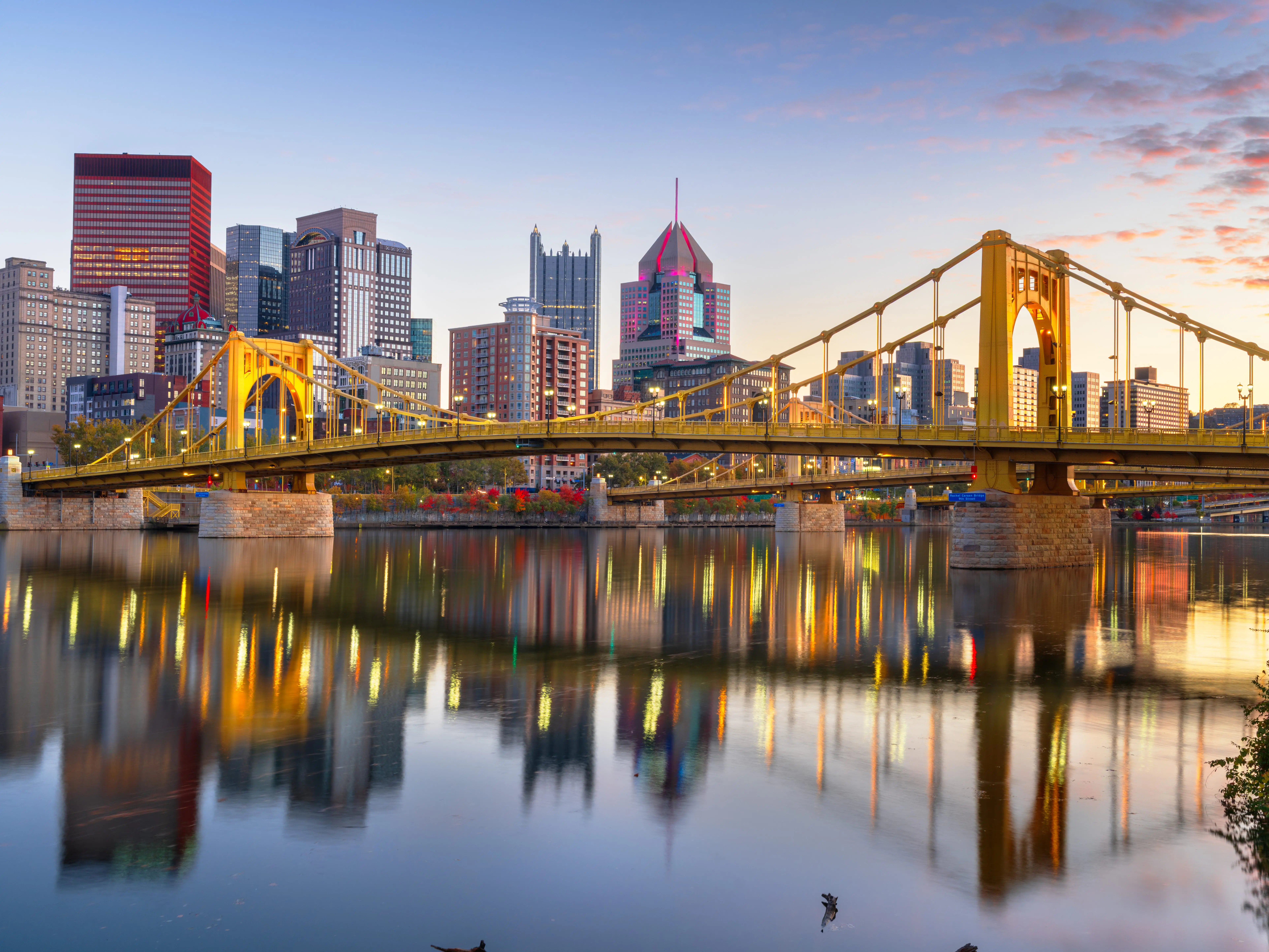 Pittsburgh USA downtown city skyline on the Ohio River at dusk.