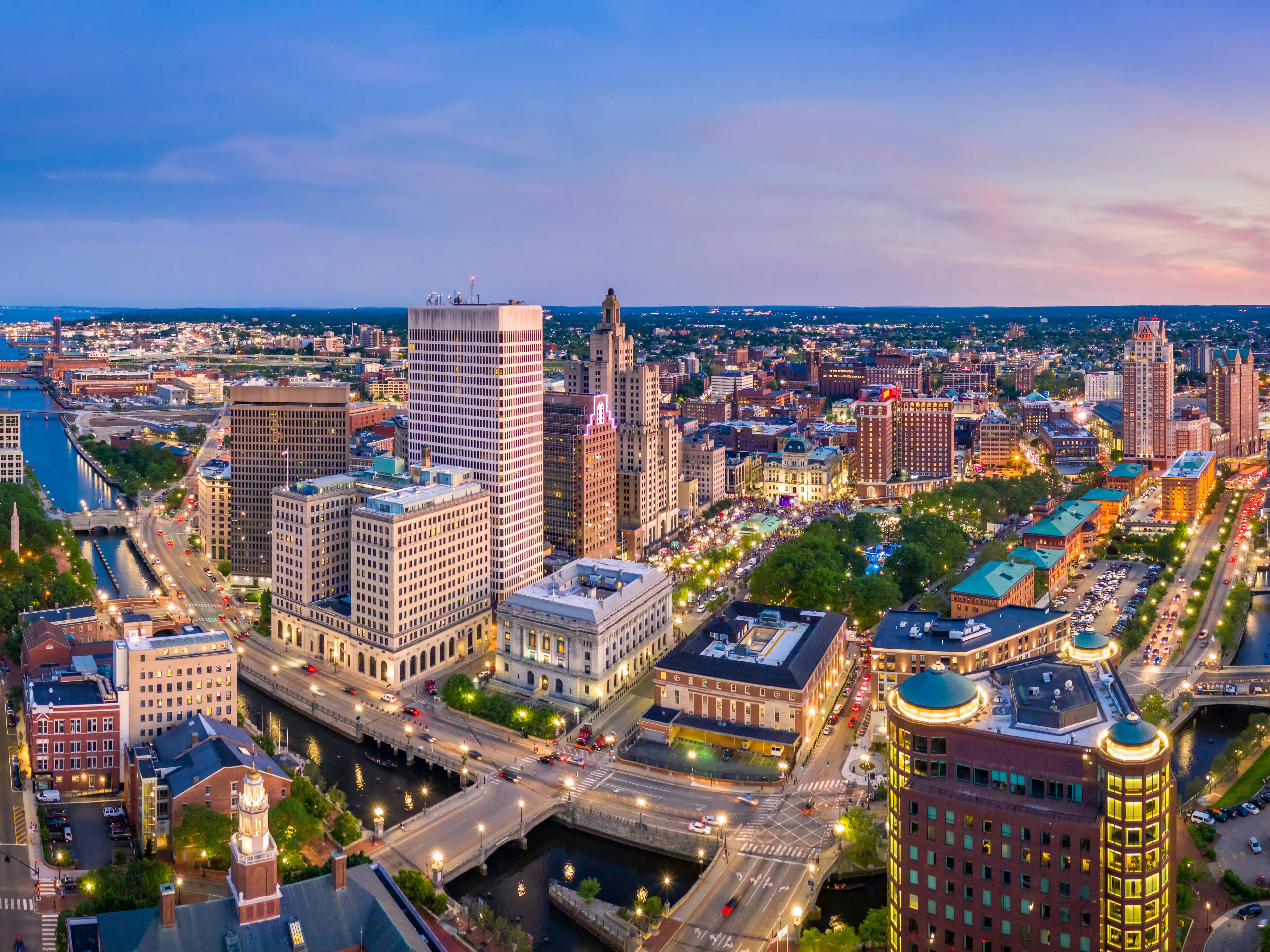 Aerial panorama of Providence skyline at dusk. Providence is the capital city of the U.S. state of Rhode Island. Founded in 1636 is one of the oldest cities in USA.