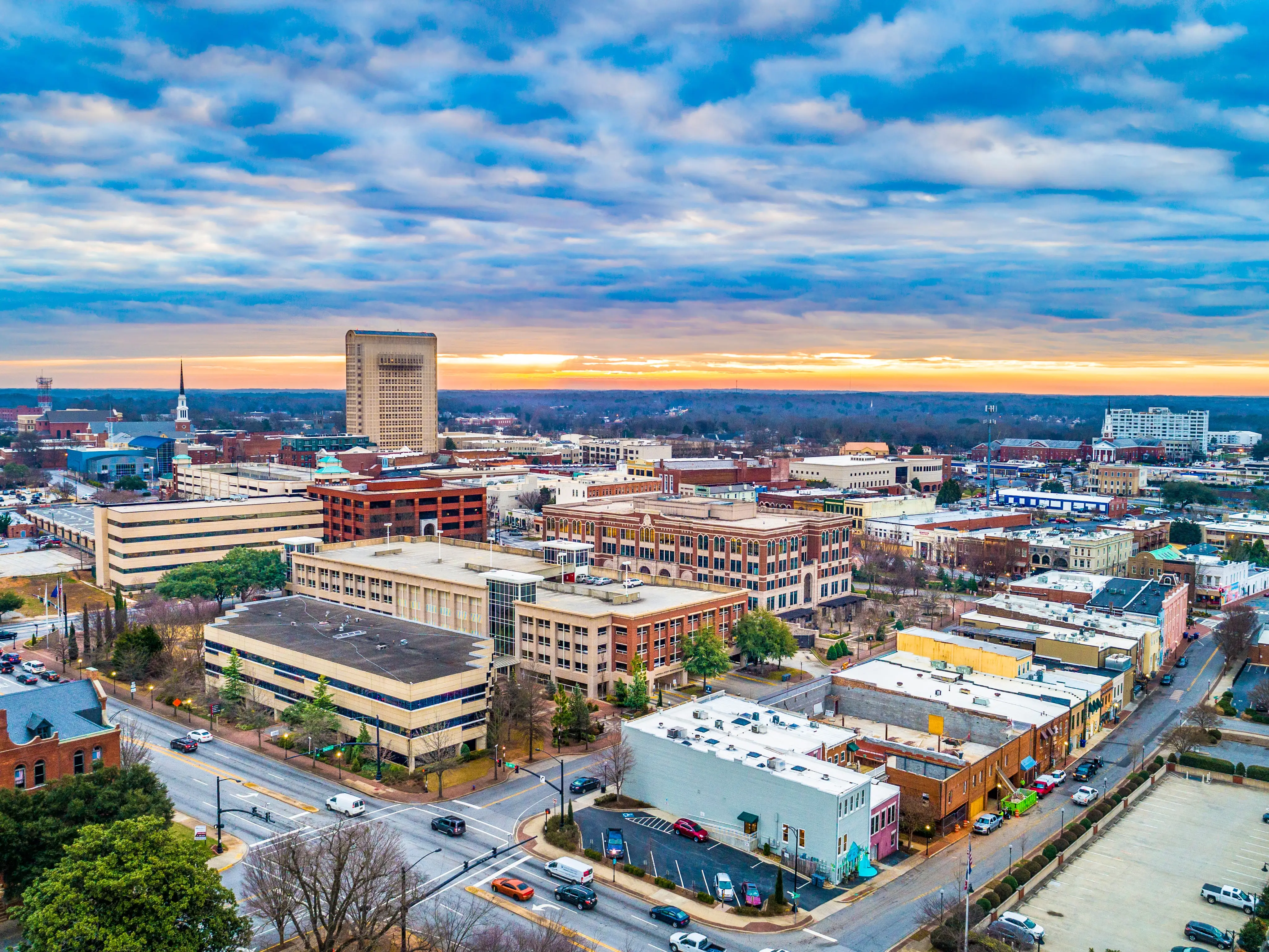 Drone Aerial of Main Street in Downtown Spartanburg, South Carolina, USA.