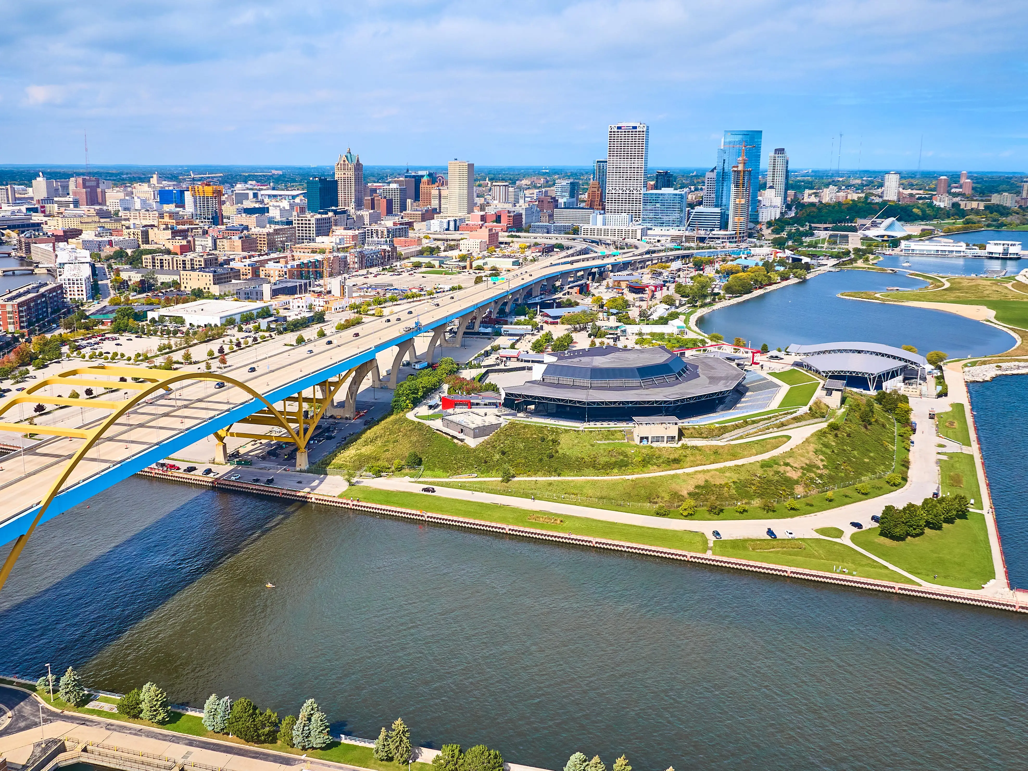 Aerial View of Daniel W. Hoan Memorial Bridge Spanning Across Lake Michigan in Milwaukee, Showcasing Vibrant Urbanity and Natural Tranquility, 2023