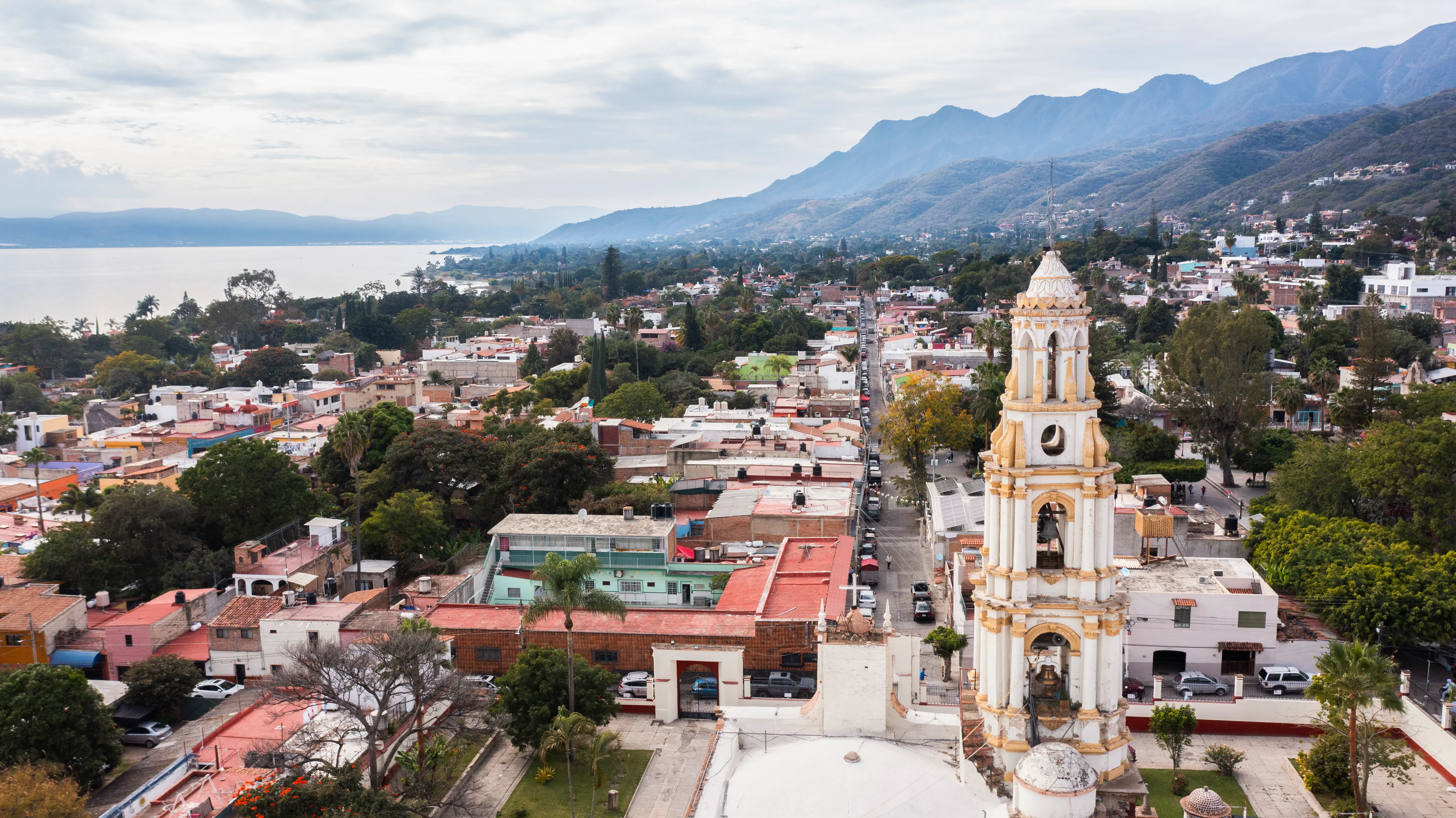 Aerial view of buildings, mountains in Ajijic, Jalisco, Mexico