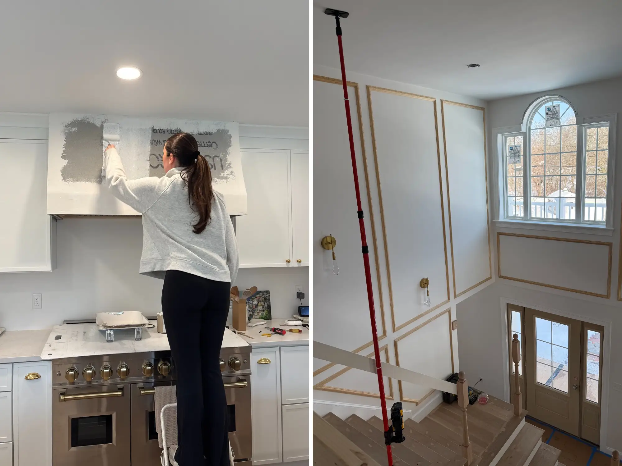 A side-by-side of a woman painting her vent hood and a two-story entryway under construction.