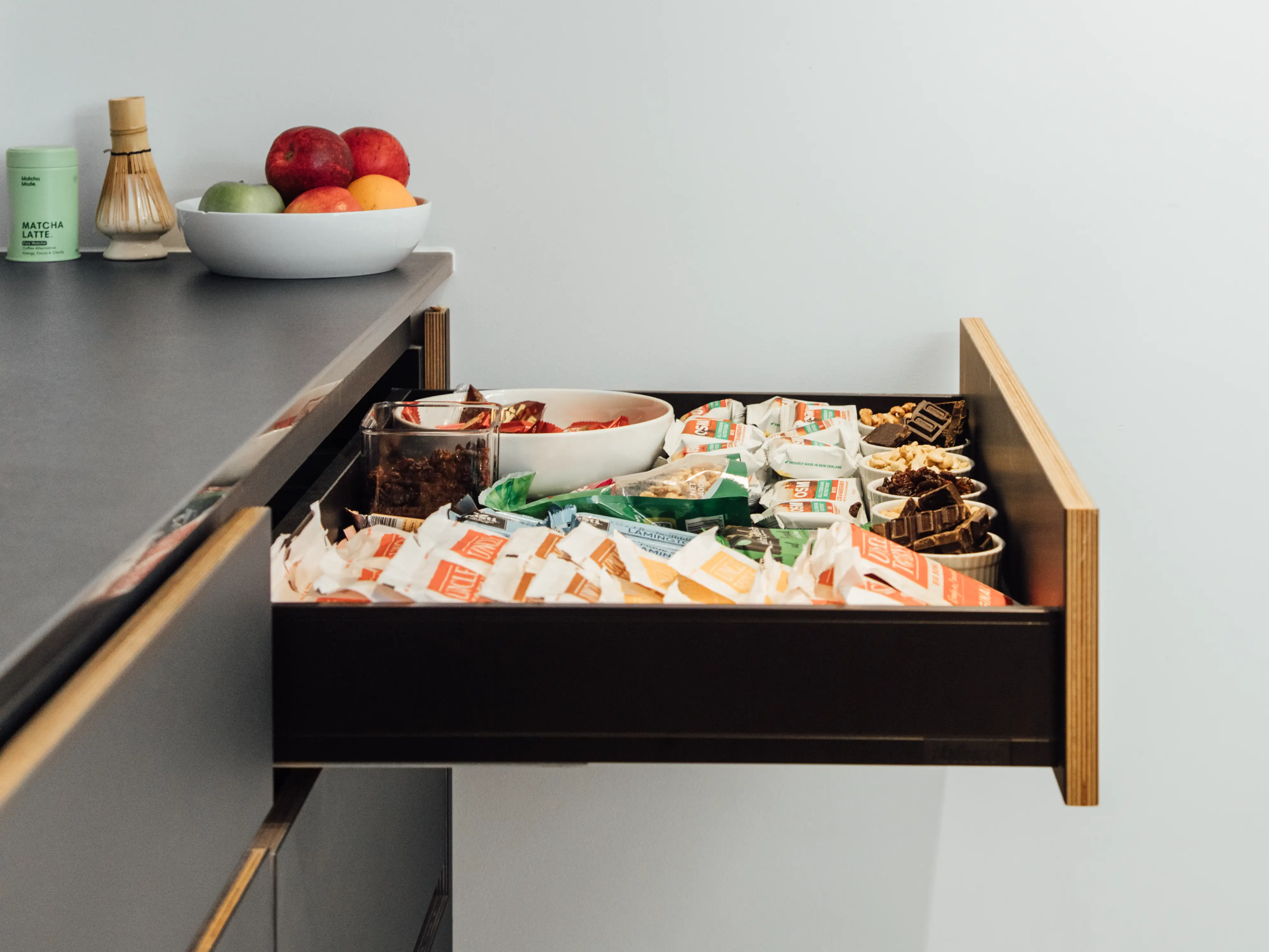Snacks at Previously Unavailable's office space.