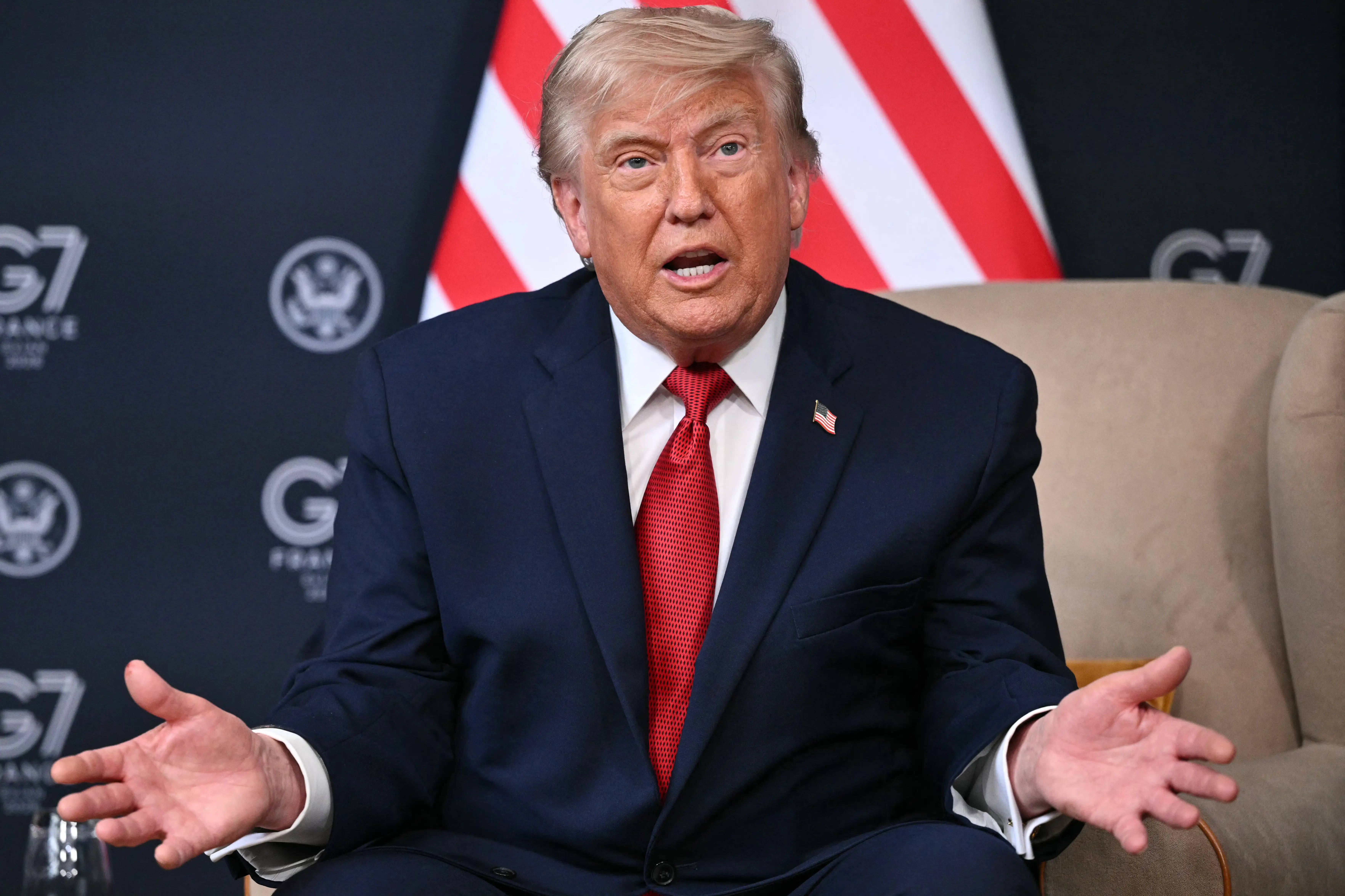 US President Donald Trump speaks during a bilateral meeting with Egypt's President on the sidelines of the G7 summit, in Evian, eastern France, on June 17, 2026. A G7 summit is set to take place June 15 to 17 in the French town of Evian-les-Bains near Switzerland and it will be attended by country leaders as well as the EU's foreign policy chief and ministers from Brazil, Canada, the United Arab Emirates and Turkey. (Photo by Mandel NGAN / AFP via Getty Images)
