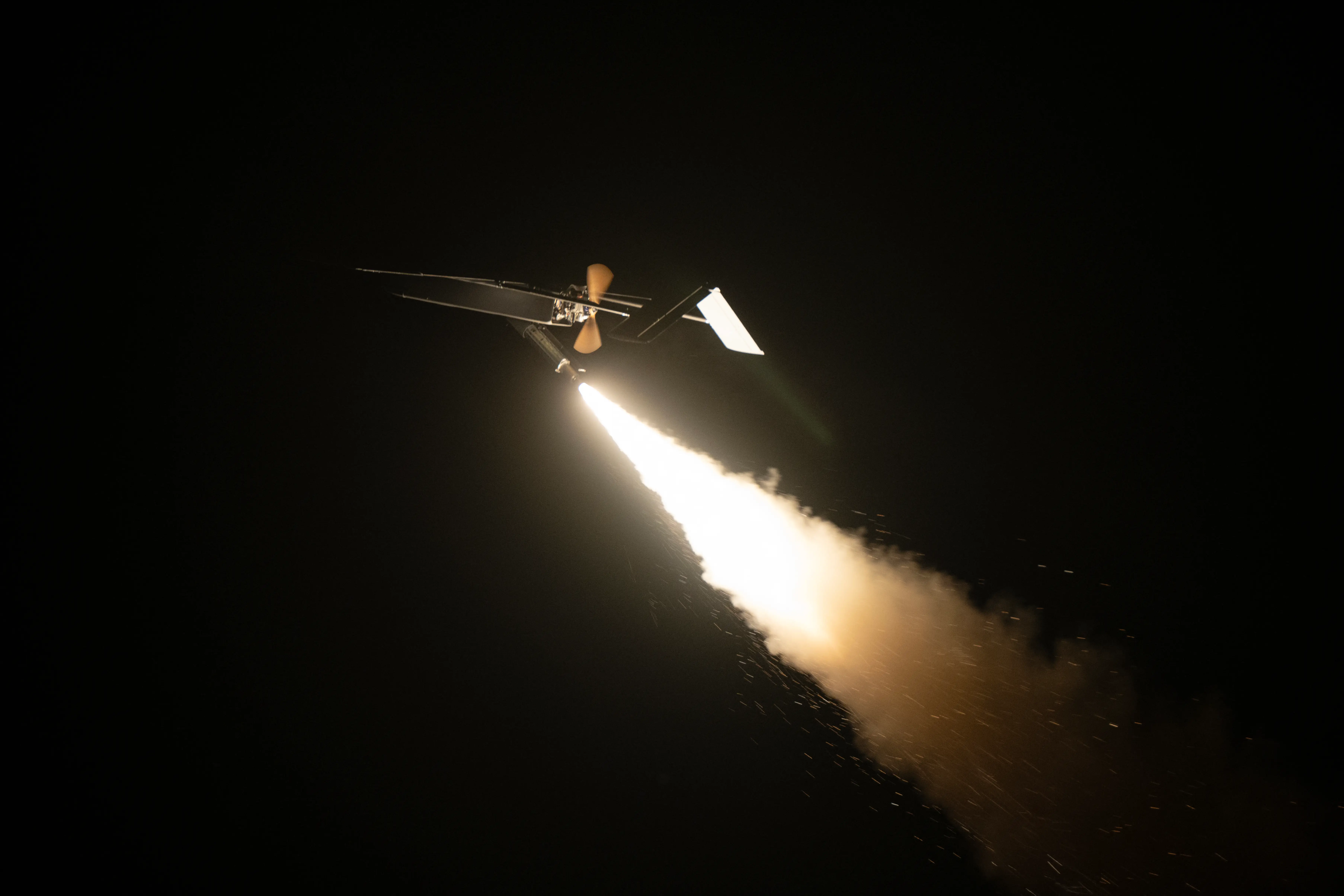 This photograph shows a Ukrainian long-range drone launched by servicemen of the 9th Kairos Battalion of the
