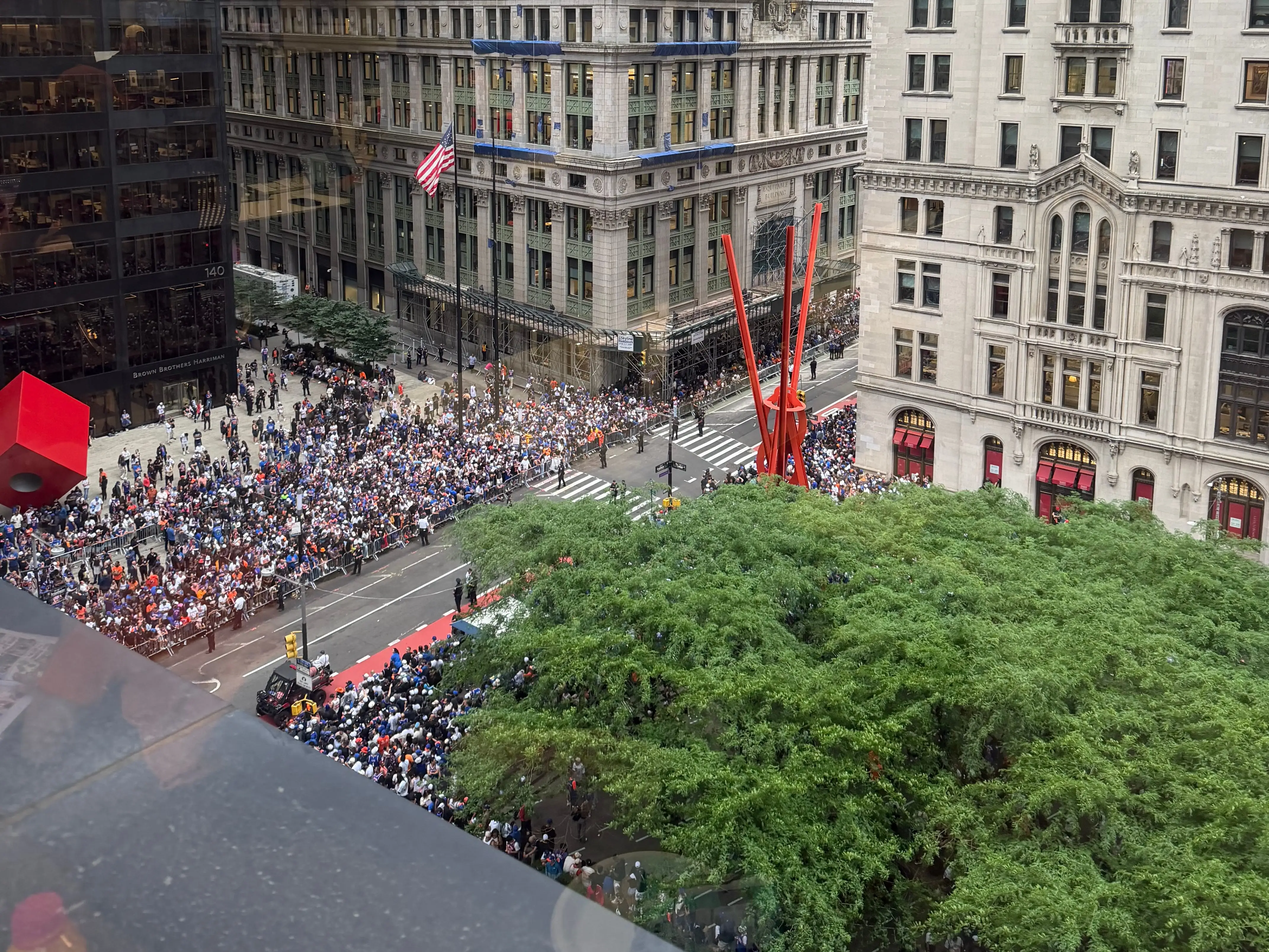 View of the Knicks parade inside the Business Insider office