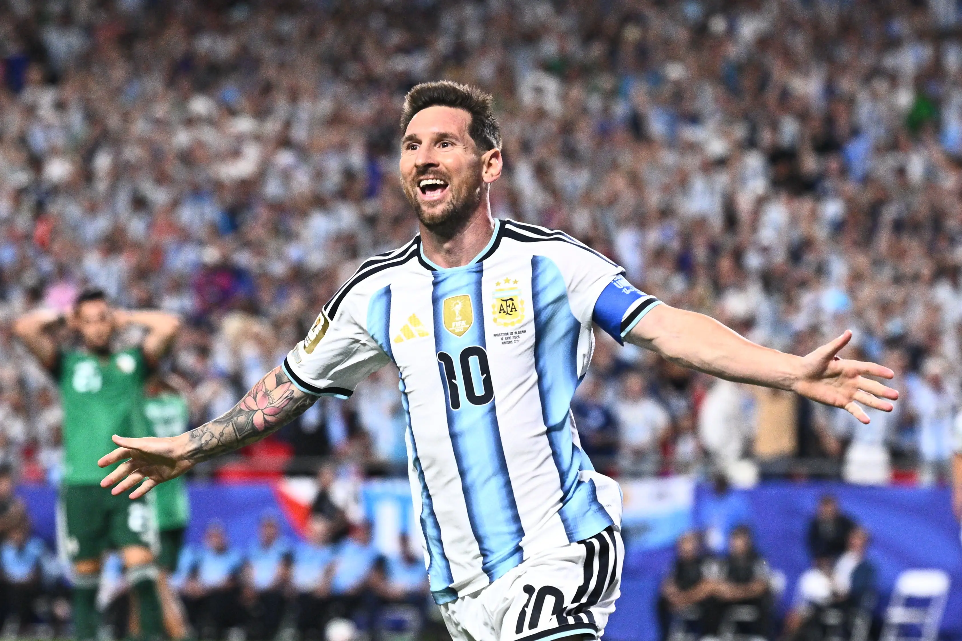 17 June 2026, USA, Kansas City: Soccer, Men, 2026 World Cup, Argentina vs. Algeria, Group Stage, Group J, Matchday 1, Kansas City Stadium, Lionel Messi (Argentina) celebrates his second goal, making the score 2-0.