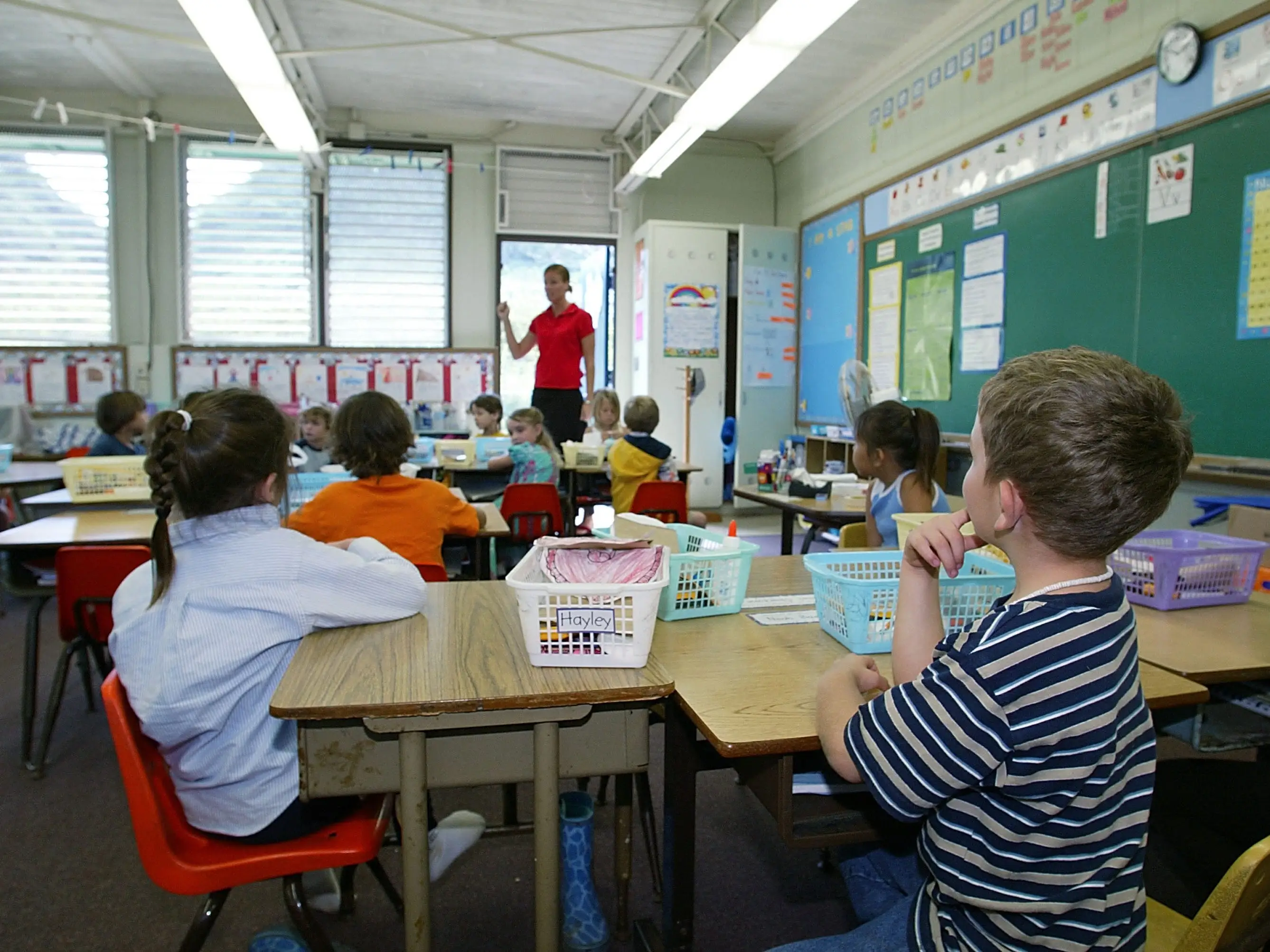 Teacher in front of students in Oahu, Hawaii.