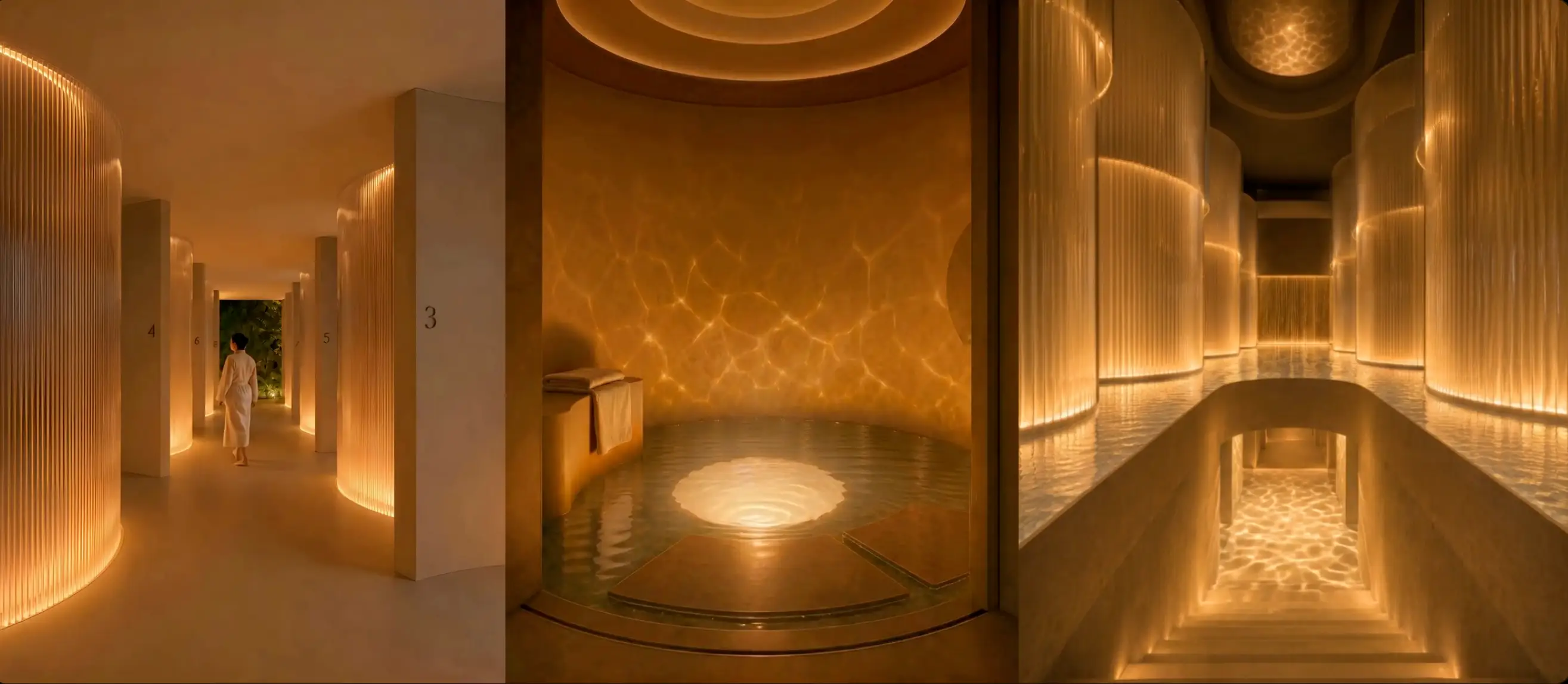 Three generated images showing Midjourney's golden-lit spa.