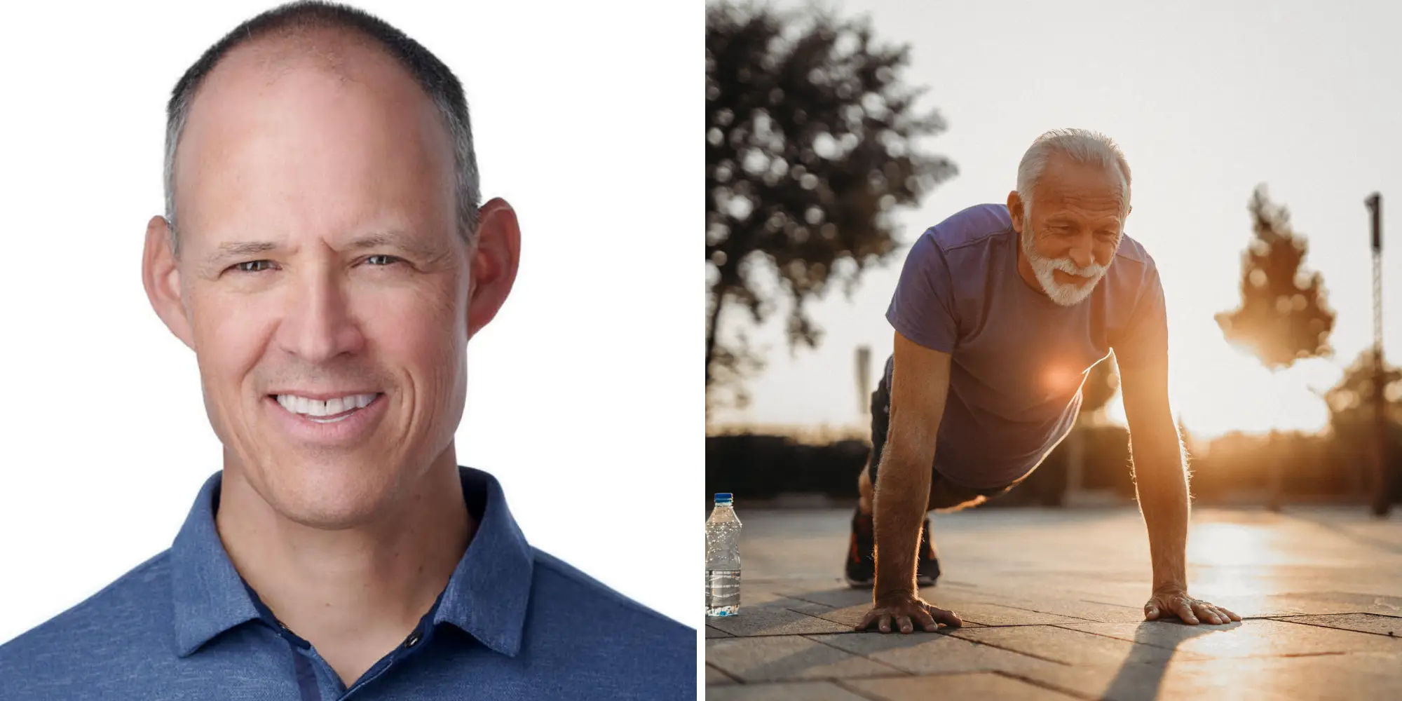 Composite shows a smiling headshot beside a gray-haired person exercising outdoors at sunset with a water bottle nearby.