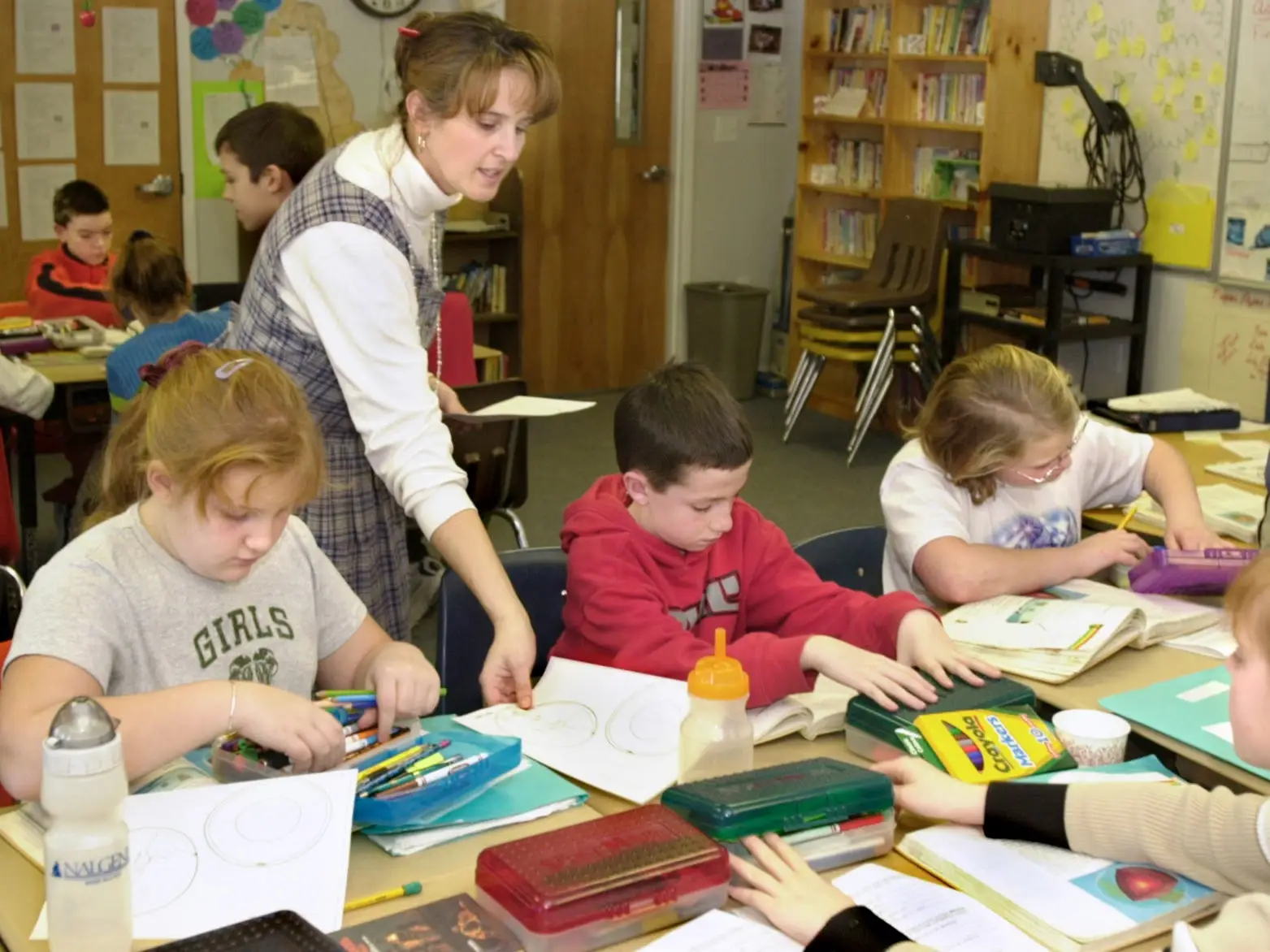 Teacher instructs students in Crooked River Elementary School in Casco, Maine.