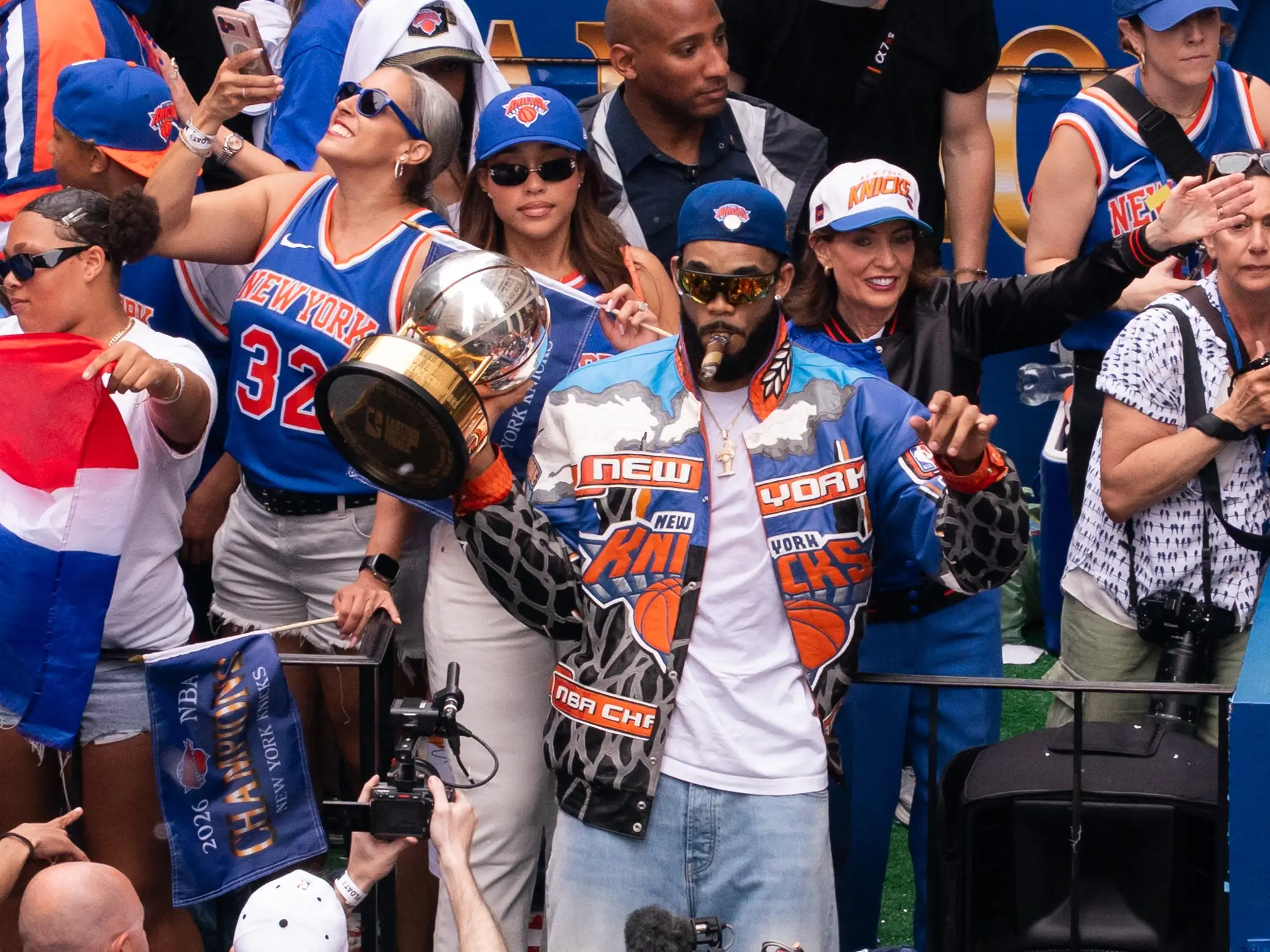 Karl-Anthony Towns of the New York Knicks celebrates during the Championship ticker-tape parade on June 18, 2026 in New York City. The New York Knicks celebrate during the Championship ticker tape parade and victory rally celebrating winning the 2026 NBA Finals on June 18, 2026 in New York City.