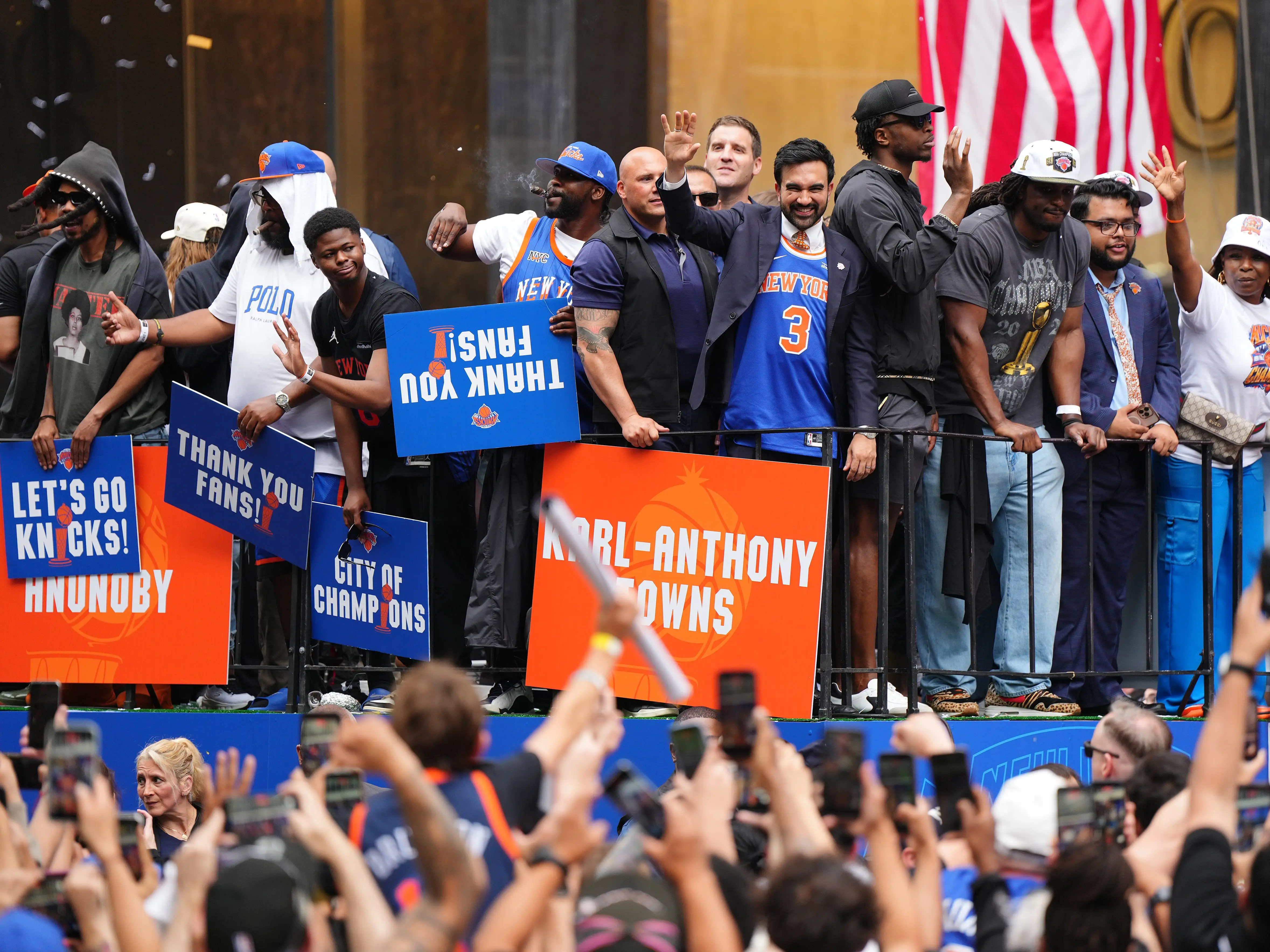Zohran Mamdani, New York City Mayor and OG Anunoby of the New York Knicks are seen on a float during the New York Knicks Championship ticker tape parade and victory rally celebrating winning the 2026 NBA Finals on June 18, 2026 in New York City.